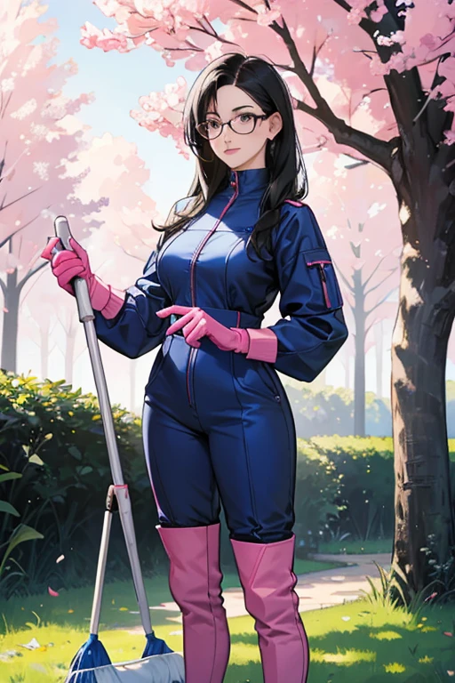 A mature woman with black hair and glasses wearing large pink rubber gloves and white rubber boots, smiling, holding a deck brush and talking to a in a park toilet, wearing a blue long-sleeved jumpsuit