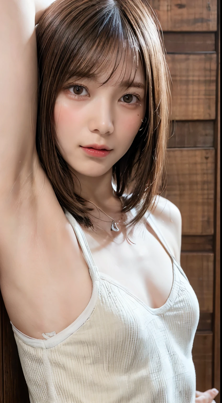 (Ultra HD、Ultra-high resolution、Photorealistic:1.3、8k、Japanese Model、In front of the wall)、Focus on the armpits、Look Viewer、(Extremely realistic skin texture:1.4)、(Realistic:1.3)、short hair、((Embarrassed expression:1.5))、(Blonde:1.3)、40-year-old woman、Mature Woman、ponytail、(Lift your arms and show your armpits:1.4)、((Face close-up:1.52))、(Armpit sweat)、Leaning against the wall、((Shooting from the side:1.05))、necklace、bra、(((Small breasts:1.5)))、Visible nipples、Show off your nipples
