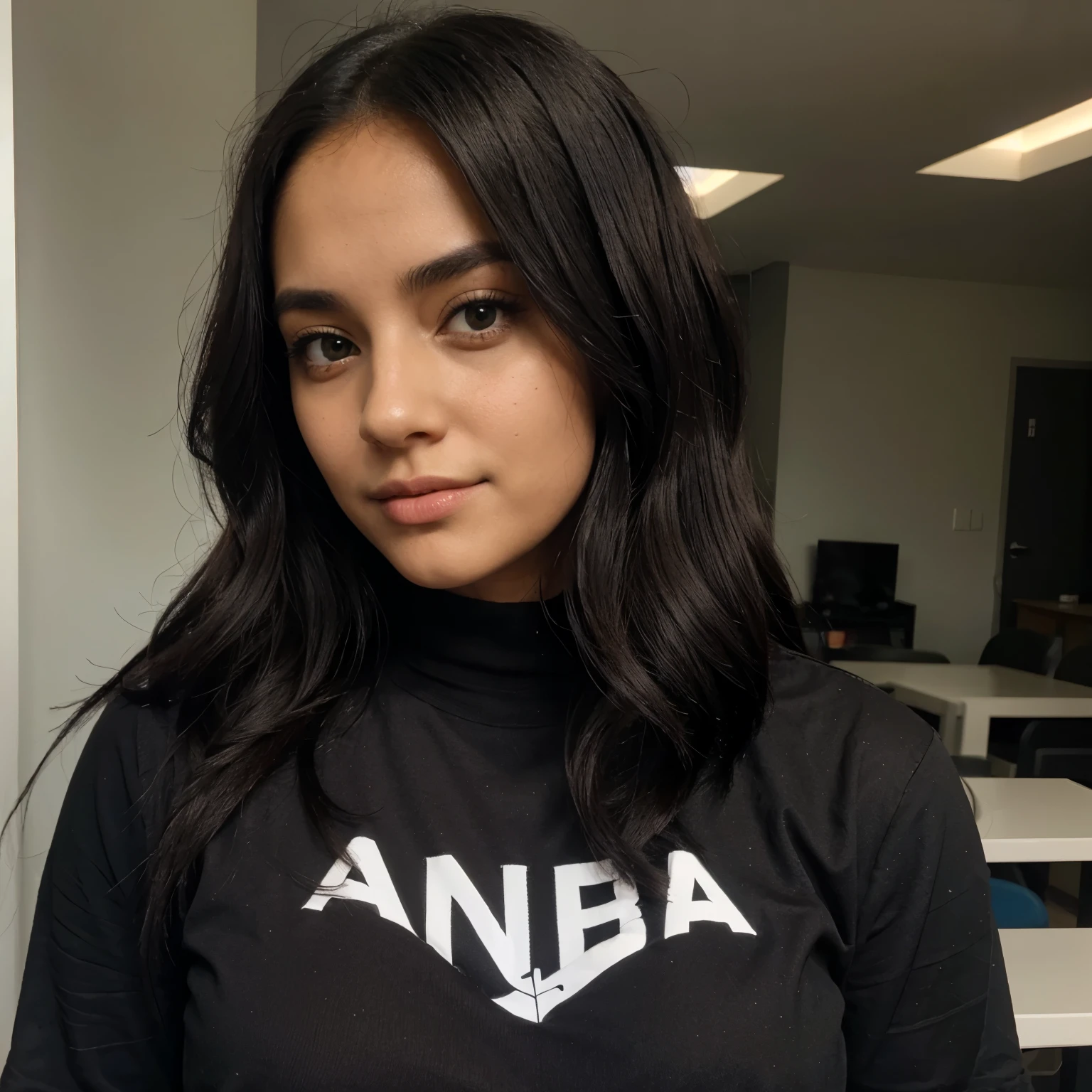 Chica blaca, realista, de pelo negro y rostro amable