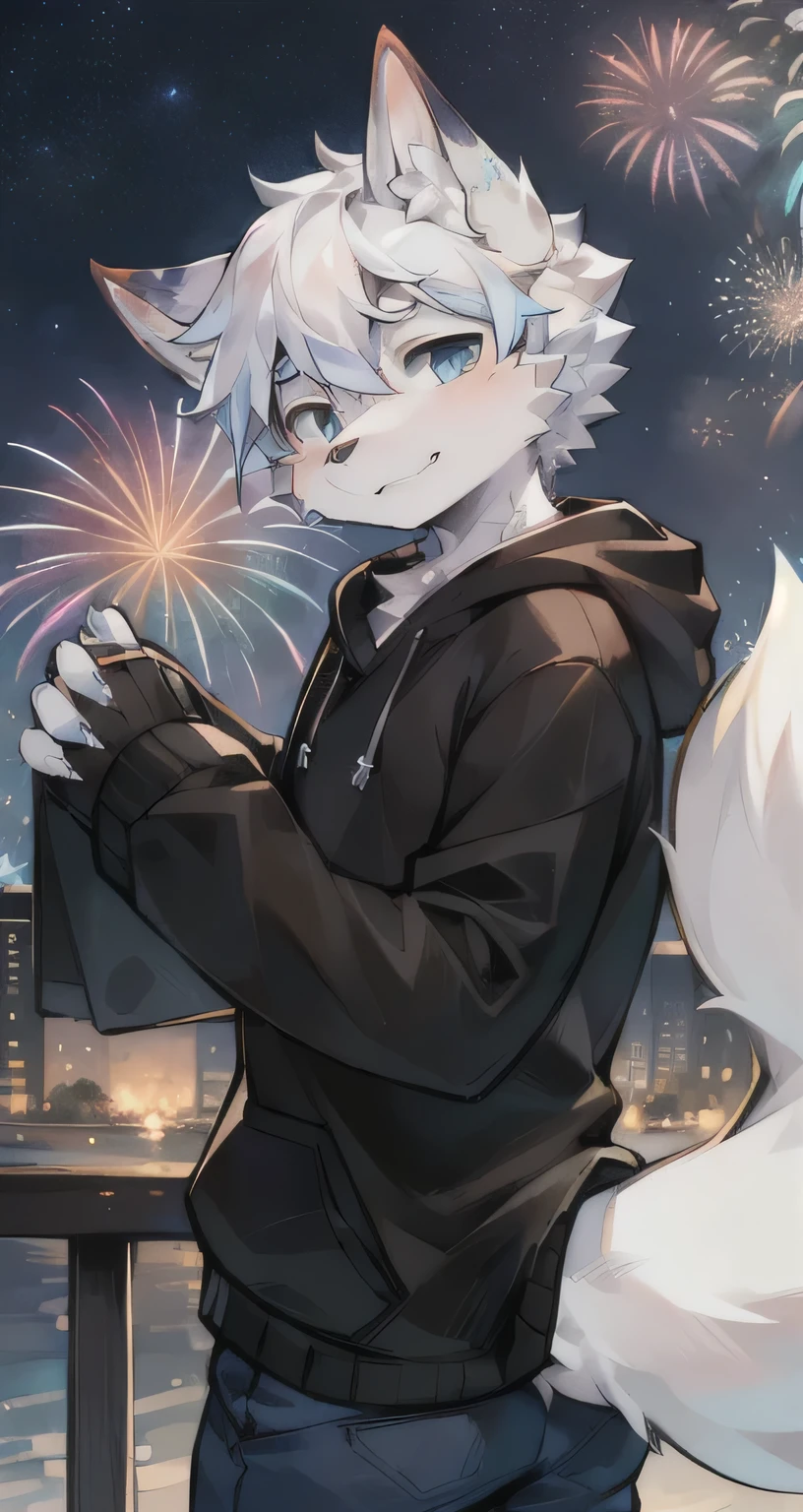 (Starry_Sky, moon, new moon_moon, night_Sky, night, shooting_Star, Sky, galaxy,fireworks, Starry_Sky_Print), male_Key Points,hairy, 1 boy,Solitary, (detailed_background,Astonishing_background),White fur, Fox Boy, Black Hoodie, Fox Tail,(Many tails), blue eyes, white hair,detailed face,detailed eyes,Head tilt, from the side, SFW,