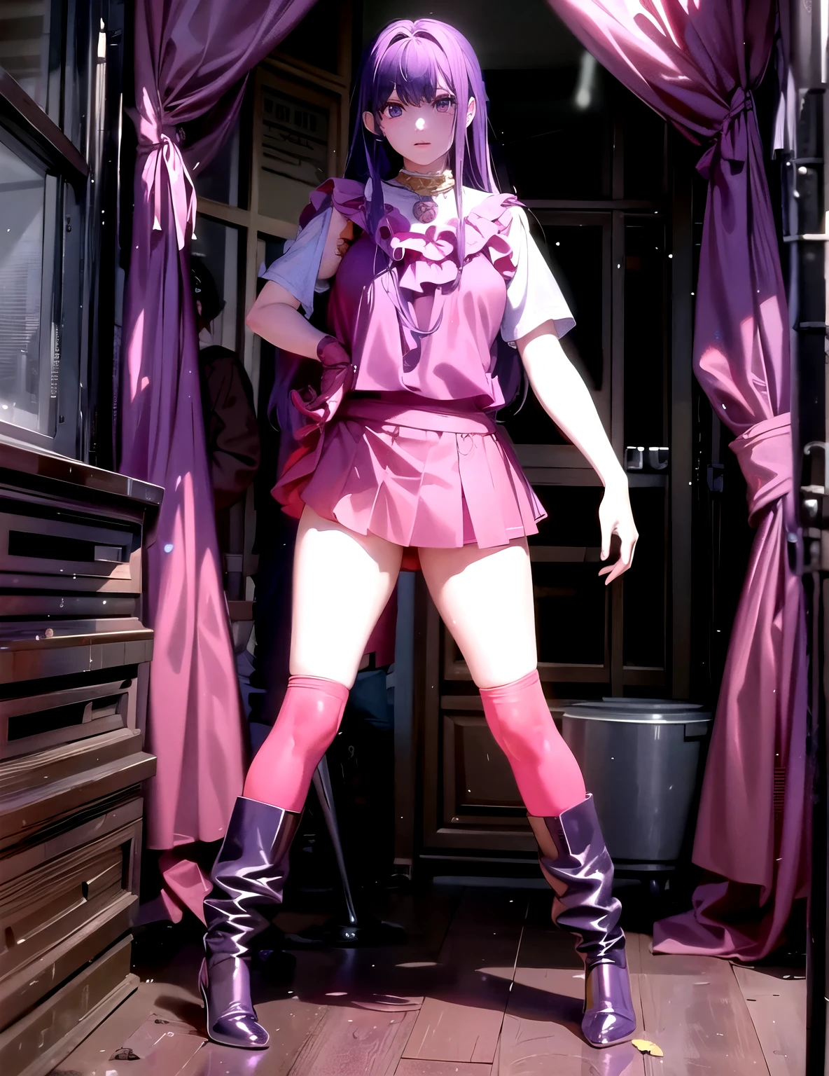 Ulzzang-6500-v1.1,(RAW Photos:1.2),((Realistic:1.4))highest quality ,masterpiece, figure, Very delicate and beautiful, Very detailed ,CG ,Unity ,8k wallpaper, wonderful, In detail, masterpiece,highest quality,Official Art,Very detailed CG Unity 8k wallpaper,Absurd, incredibly Absurd, Large file size, Very detailedな, One girl,whole body,See-through,View your viewers,Outdoor, gloves, purple_hair, purple_eye, pink_dress