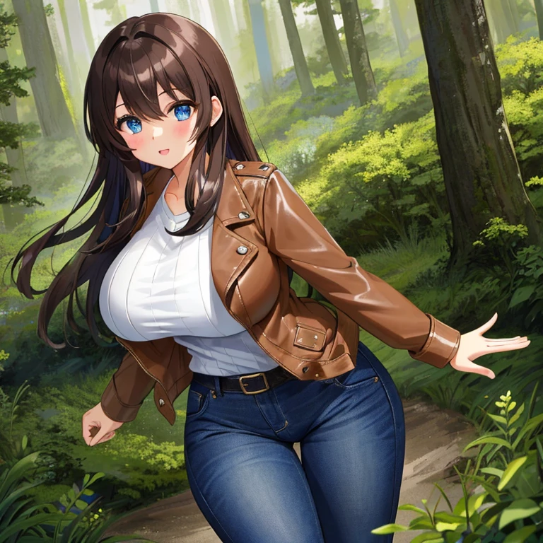 A Beautiful Cute Girl, with (Lush, Long Dark-Brown Hair), (Big Beautiful Blue Eyes), (Enormous Breasts), (Super Wide Hips), Large thighs, and is very Athletic. wearing a (Brown-Leather-Jacket), Light-Blue Shirt, ((Roughed Dark-Blue Jeans)), and (Black Boots). Standing in a Forest, in the mountains. (Solo), ((Best Quality)), ((Best Detail)), ((Highly Detailed Eyes)), (Perfect Anatomy), 