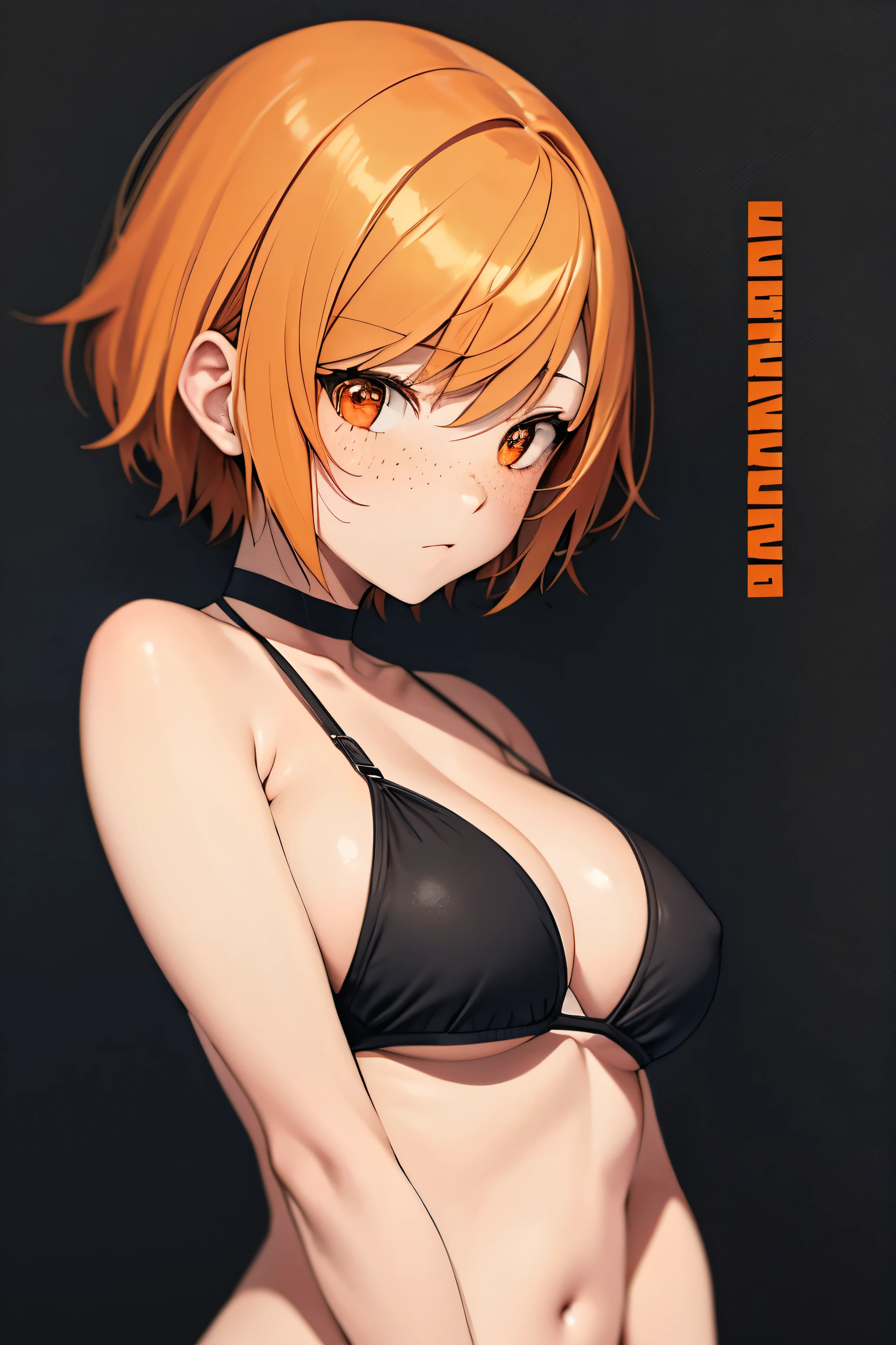 orange color, short haired, really shy anime girl with freckles, medium bust size in a black bikini, which is old British style covers full shoulders