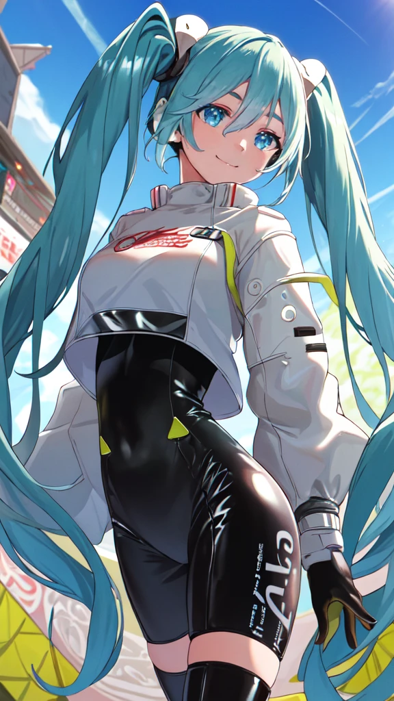 (masterpiece, highest quality), Backlight, Lens flare, Wide Shot, Fisheye Lens , (Face Focus, Depth of written boundary, close: 1.5), Super Detail, figure, colorful, (Fault Color: 1.3), (Immidshot: 1.3), video, Wide-angle, Upper Body, (((One girl))), miku hatsune, Spotless, Dark green hair, Twin tails, Very long hair, Put your arms behind your back, blue eyes, Glowing Eyes, Relaxed face, Eyebrow hair, Shiny Hair, Glowing Skin, A light smile, racing Miku, (Big Breasts), Black bodysuit, Cropped jacket, White jacket, Long sleeve, Two-tone gloves, Thigh-high boots, bright, Beautiful detailed sky, city, street,