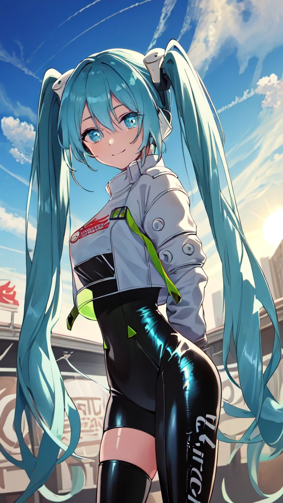  (masterpiece, highest quality), Backlight, Lens flare, Wide Shot, Fisheye Lens , (Face Focus, Depth of written boundary, close: 1.5), Super Detail, figure, colorful, (Fault Color: 1.3), (Immidshot: 1.3), video, Wide-angle, Upper Body, (((One girl))), miku hatsune, Spotless, Dark green hair, Twin tails, Very long hair, Put your arms behind your back, blue eyes, Glowing Eyes, Relaxed face, Eyebrow hair, Shiny Hair, Glowing Skin, A light smile, racing Miku, (Big Breasts), Black bodysuit, Cropped jacket, White jacket, Long sleeve, Two-tone gloves, Thigh-high boots, bright, Beautiful detailed sky, city, street,