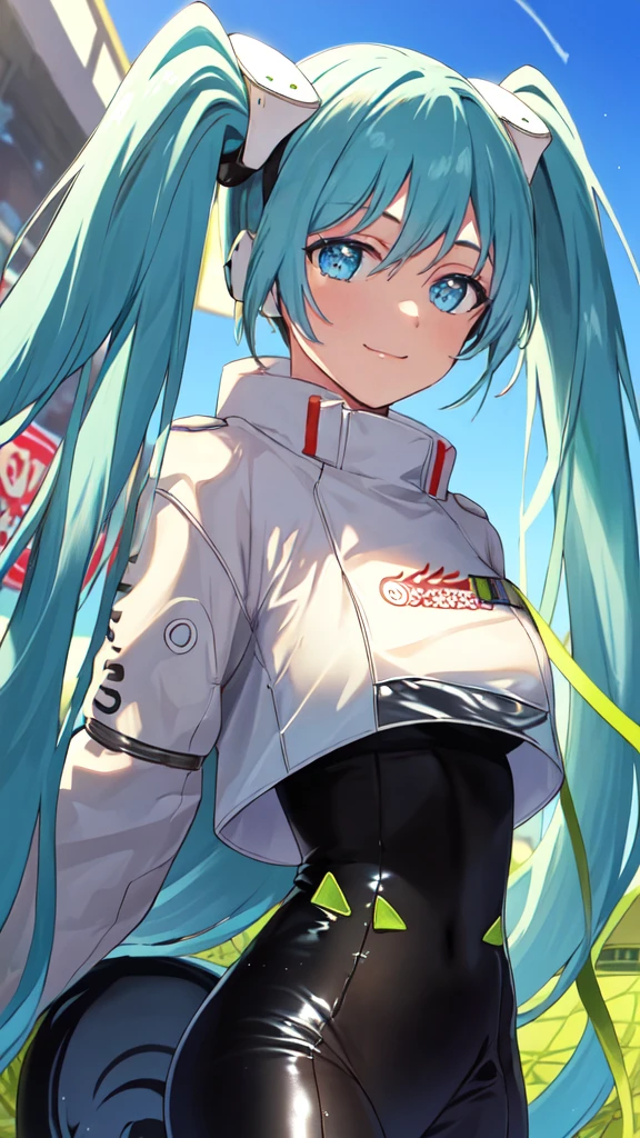  (masterpiece, highest quality), Backlight, Lens flare, Wide Shot, Fisheye Lens , (Face Focus, Depth of written boundary, close: 1.5), Super Detail, figure, colorful, (Fault Color: 1.3), (Immidshot: 1.3), video, Wide-angle, Upper Body, (((One girl))), miku hatsune, Spotless, Dark green hair, Twin tails, Very long hair, Put your arms behind your back, blue eyes, Glowing Eyes, Relaxed face, Eyebrow hair, Shiny Hair, Glowing Skin, A light smile, racing Miku, (Big Breasts), Black bodysuit, Cropped jacket, White jacket, Long sleeve, Two-tone gloves, Thigh-high boots, bright, Beautiful detailed sky, city, street,