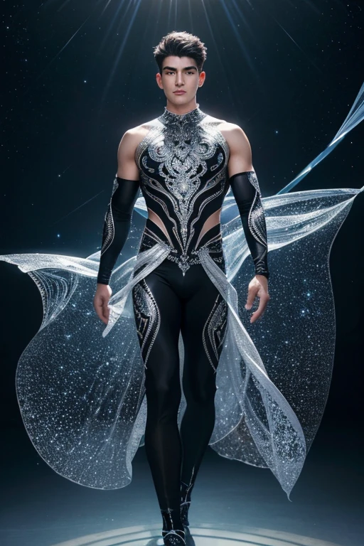 Full full body photorealistic ultra realism high definition aesthetic stabilized diffusion picture of handsome hunky fractal clean shaven Zayne as celestial Arach, wearing black and silver bug structure filigree sparkling biomorphic transparent overall tight fit spandex and gloves.. standing in with hand on the hips.