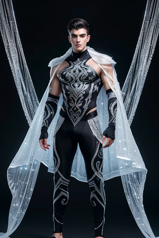 Full full body photorealistic ultra realism high definition aesthetic stabilized diffusion picture of handsome hunky fractal clean shaven Zayne as celestial Arach, wearing black and silver bug structure filigree sparkling biomorphic transparent overall tight fit spandex and gloves.. standing in with hand on the hips.
