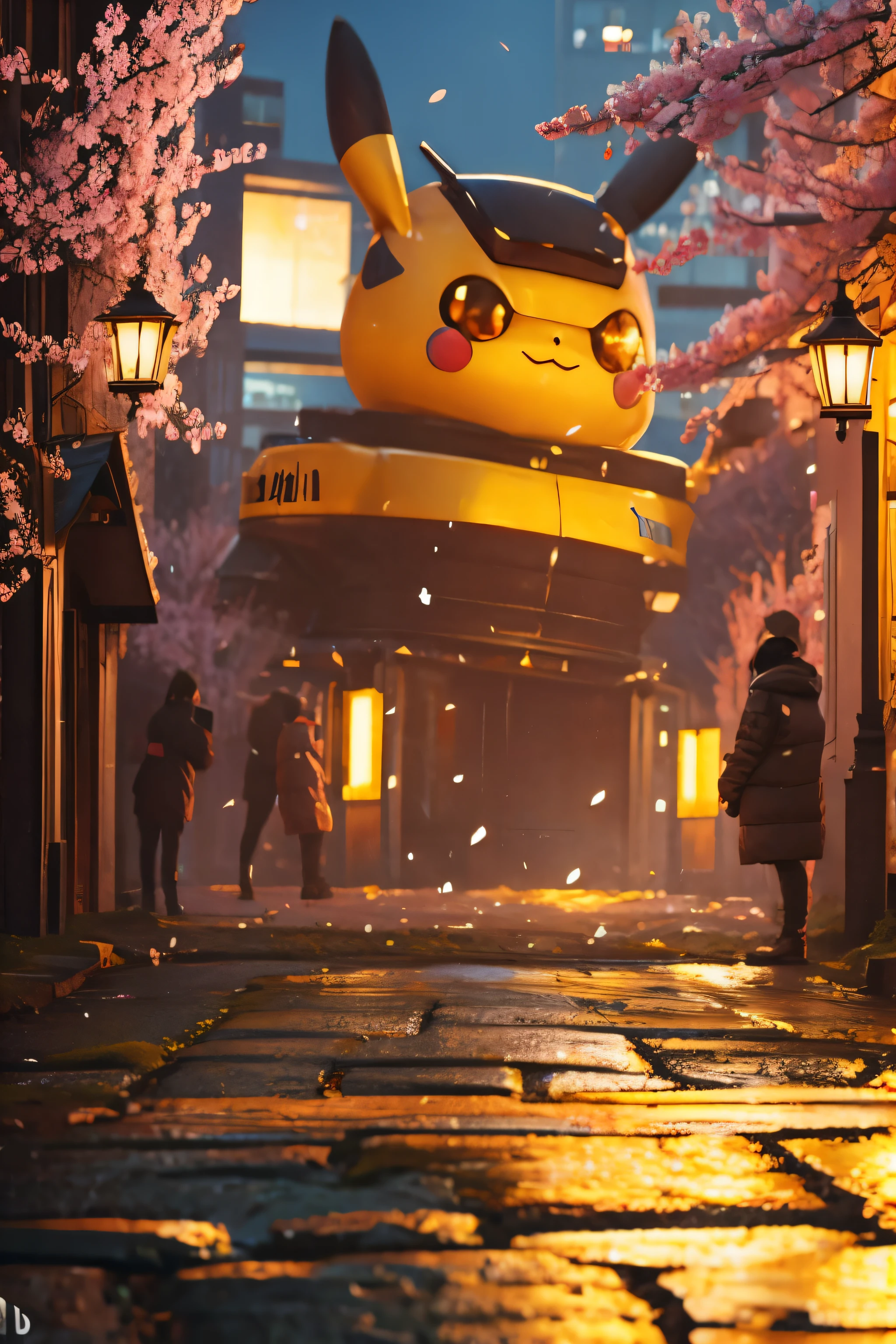 a MECHA PIKACHU GOLDE in titanium cyber suit in city AND SAKURA FALLING