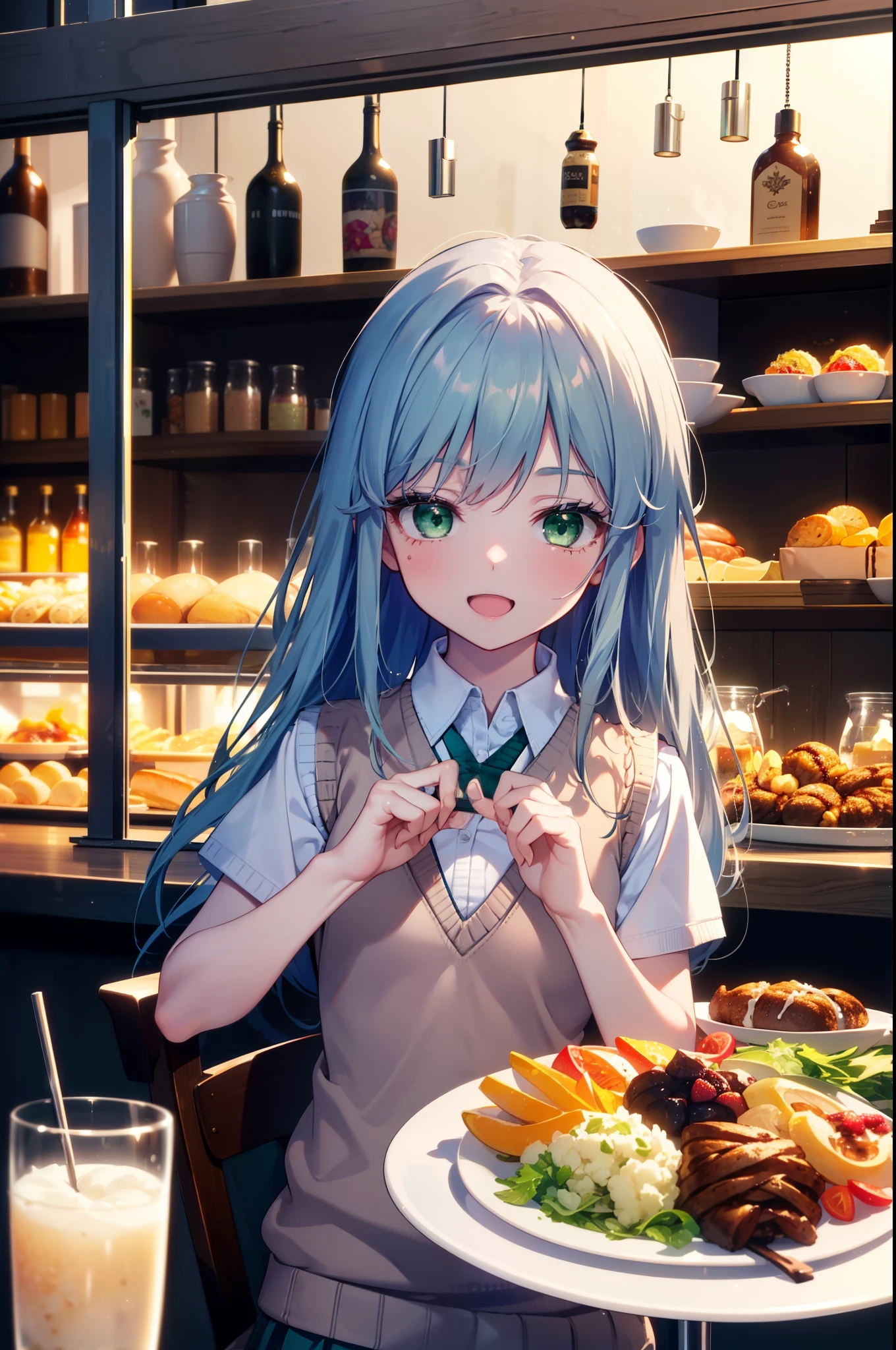 index, index, (Green Eyes:1.5), Blue Hair, Long Hair, (Flat Chest:1.2),tooth,happy smile, smile, Open your mouth,
White shirt,Sweater vest, (黄色 Sweater vest:1.5),,Short sleeve,Green pleated skirt,black tights,Brown Loafers,There is a lot of food on the table,Viking,Buffet,
break looking at viewer, Upper Body, whole body,
break indoors, restaurant,crowd, people々々,
break (masterpiece:1.2), highest quality, High resolution, unity 8k wallpaper, (figure:0.8), (Beautiful fine details:1.6), Highly detailed face, Perfect lighting, Highly detailed CG, (Perfect hands, Perfect Anatomy),