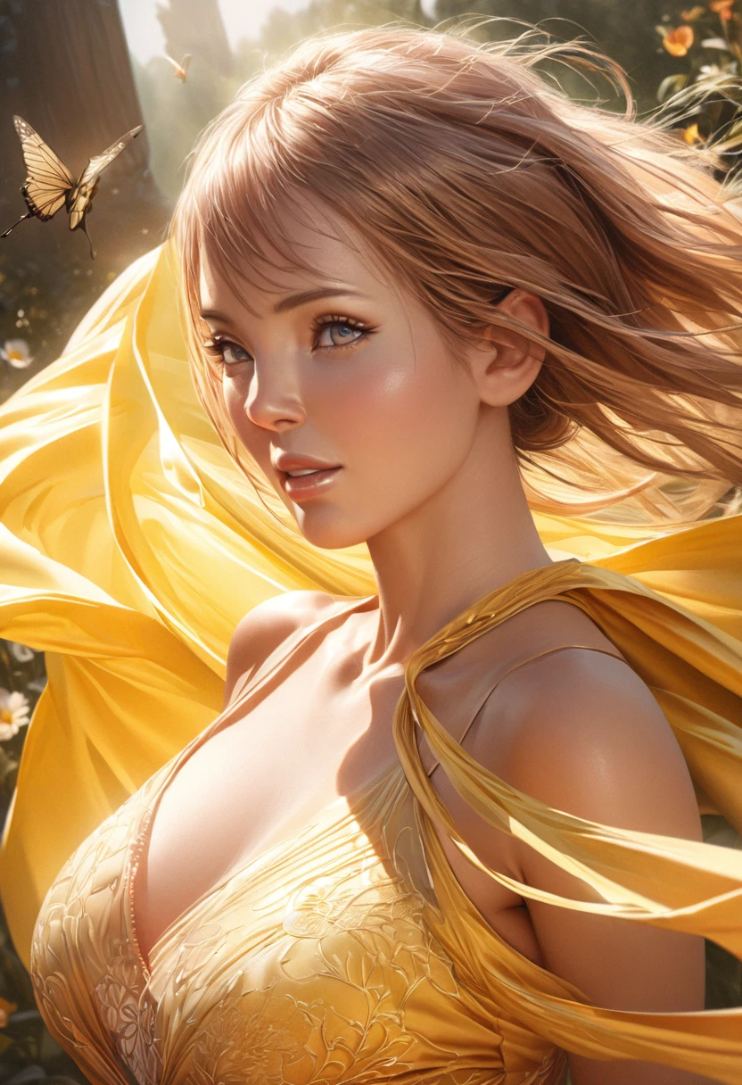 (best quality,4k,8k,highres,masterpiece:1.2),ultra-detailed,(realistic,photorealistic,photo-realistic:1.37),beautiful detailed eyes,beautiful detailed lips,extremely detailed eyes and face,longeyelashes,1woman,golden flowing silks,lightly flowing dress,bright sunny day,gentle breeze,radiant smile,graceful steps,peaceful atmosphere,soft natural lighting,colorful blooming flowers,vibrant summer colors,serene expression,sunlit meadow,dainty floral patterns,whispering grasses,delicate petals,quivering butterfly,playful birdsong,joyful humming of bees,dreamlike surreal atmosphere