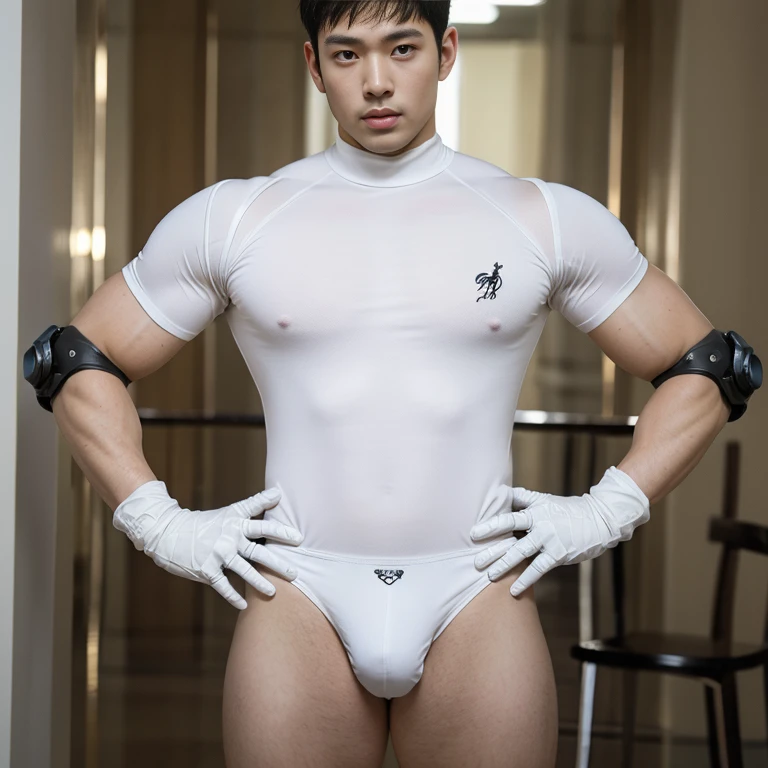 (masutepiece,High resolution,ultra - detailed:1.0),1(Boy,Robot Boy),Perfect male body,Look at the camera,Delicate eyes and delicate face,extremely details CG,Unity 8k Wallpaper,intricate-detail,solo person,Detailed face, (Futuristic skin-perfect white bodysuit), Best Quality, hands visible, (White Gloves), , full length shot(fls) , big thighs , fat hips , insane details, hyper details , photorealistic , (((only male , only boy)), handsome boy , fat buttock , puffy nipples , bodybuilder , bare thighs , masculine , ((mini panties))