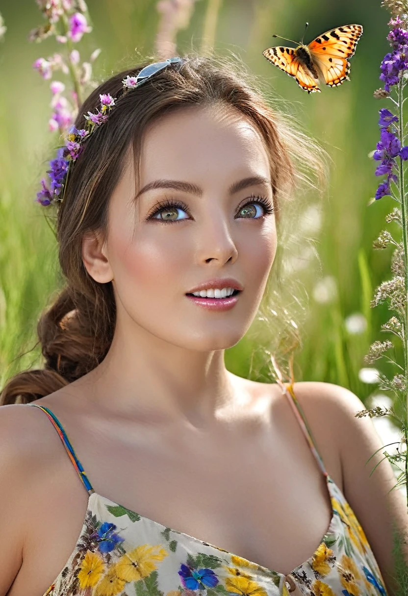 (best quality,4k,8k,highres,masterpiece:1.2),ultra-detailed,(realistic,photorealistic,photo-realistic:1.37),beautiful detailed eyes,beautiful detailed lips,extremely detailed eyes and face,longeyelashes,1woman,golden flowing silks,lightly flowing dress,bright sunny day,gentle breeze,radiant smile,graceful steps,peaceful atmosphere,soft natural lighting,colorful blooming flowers,vibrant summer colors,serene expression,sunlit meadow,dainty floral patterns,whispering grasses,delicate petals,quivering butterfly,playful birdsong,joyful humming of bees,dreamlike surreal atmosphere