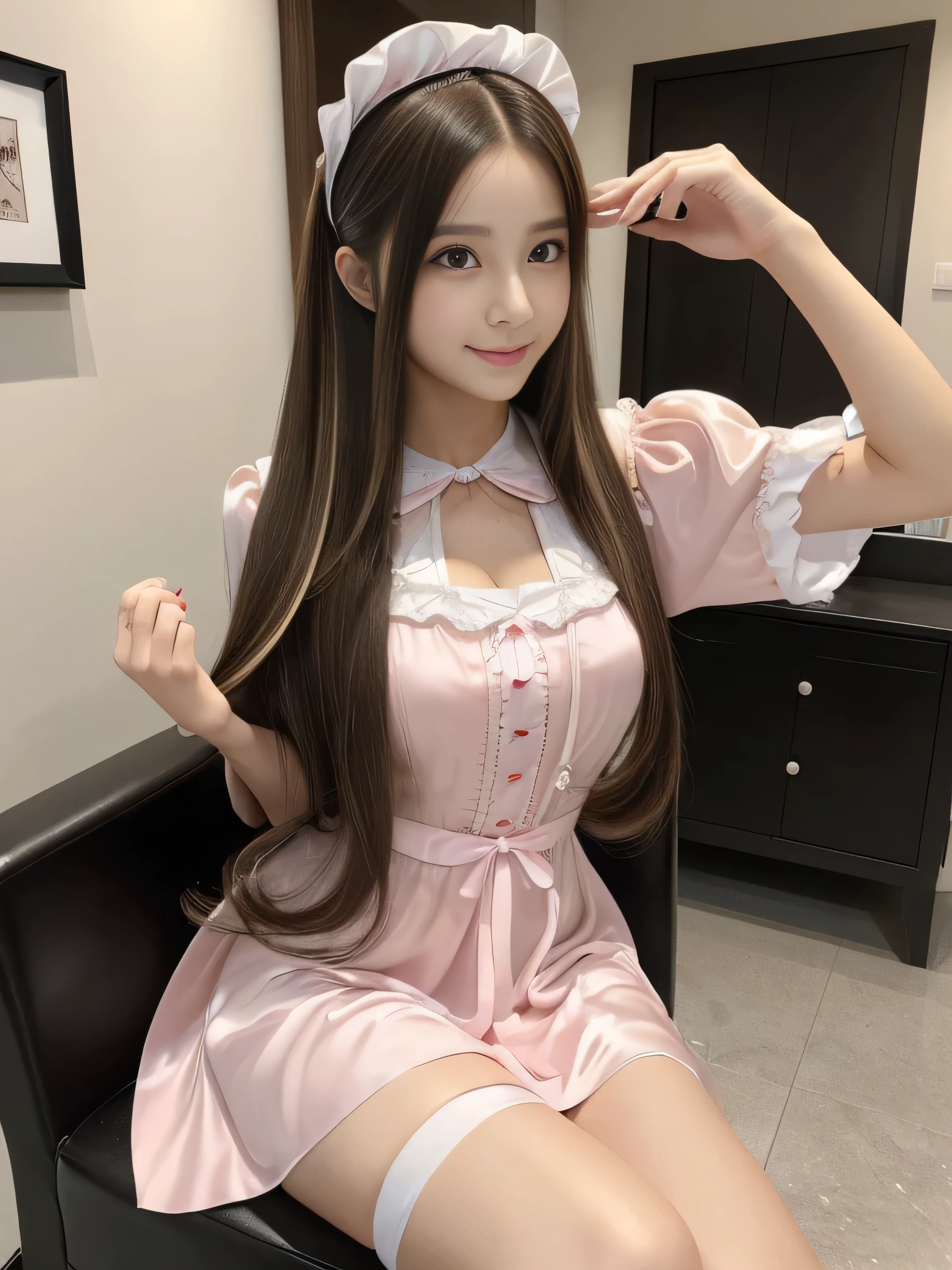 (Upper body shot of a person sitting on a chair:1.1) (She poses to show as much hair as possible:1.5) ((highest quality)), ((masterpiece)), (Familiar), (Get used to it) (Reaches up to the kneeVery long hair highest quality Highest detail Reaches up to the knee、Very long hair that lasts forever:1.3 Flowing Hair 私ncredibly straight hair Very shiny and thick hair Abnormally long hair that lasts forever Flowing Hair on both ends long hair up to the knees:1.2 long hair up to the knees:1.2 Thick and shiny hair Very free hair Abnormally long hair!!!!! Beautiful silky hair Beautiful and shiny hair Beautiful and shiny hair Beautiful silky hair Hair that grows to the knees Very very, Very long hair!!!! Very very, Very long hair!!!! Hair color: blonde or light brown) (highest quality The best ultra-fine Reaches up to the knee、Very long hair that lasts forever Flowing Hair Her hair is gently permed Very shiny and thick hair Abnormally long hair that lasts forever Flowing Hair on both ends long hair up to the knees:1.2 long hair up to the knees:1.2 Thick and shiny hair Very free hair Abnormally long hair!!!! Beautiful silky hair Super long hair down to the knees Beautiful and shiny hair Beautiful and shiny hair Beautiful silky hair Hair that grows to the knees Very very, Very long hair!!!! Very very, Very long hair!!!!) (She is the most beautiful and sexy 28-year-old maid cafe attendant in Japan.) ((woman in a pink and white dress and a pink hat, Maid outfit, Maid dress, Catboy Cosplay! Maid! dress, anime girl in a Maid costume, Maid costume, anime cat girl in a Maid costume, pink ta dress,Maid, wearing Maid uniform, Lolityle, High Quality Costume,Sexy female cosplay)) Perfect Woman'face (She has a typical Japanese build and skin color..., Her skin is very high quality and ultra high definition.、very beautiful and glowing skin) (Excessive breasts) (Her face is long, Eyes and nose)(She achieved her sexy look with the help of a professional makeup artist. Lipstick is natural red The eyeliner is a beautiful black) (Surreal photos by professional photographers :1.2) ((Her bangs are completely cut off.)) (She has a typical Japanese build and skin color Her skin is very delicate and sensitive..、and、Such beautiful and radiant skin) (Her face is long, Small eyes and nose.、Narrow-mouthed and the most beautiful) ((Rich 1.4)) (Extremely detailed 8K) (Ultra-fine skin texture 1.4) (Actual, Vibrant:1.4), Sharp focus:1.2、Beautiful woman:1.4 Dynamic Lighting (Genuine RAW photos taken by professional photographers) very beautiful and glowing skin) (Excessive breasts) (Her face is long, Eyes and nose) Lipstick is natural red The eyeliner is a beautiful black) (Surreal photos by professional photographers :1.2)