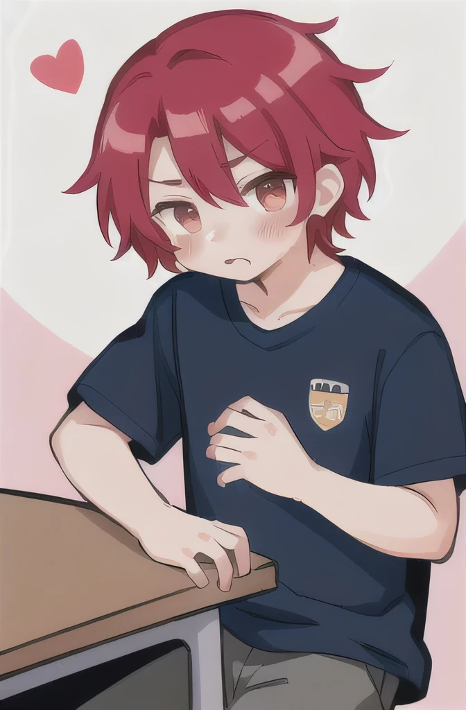 (Boy) (20 years old)(red hair) (wears a magical school shirt) who is blushing