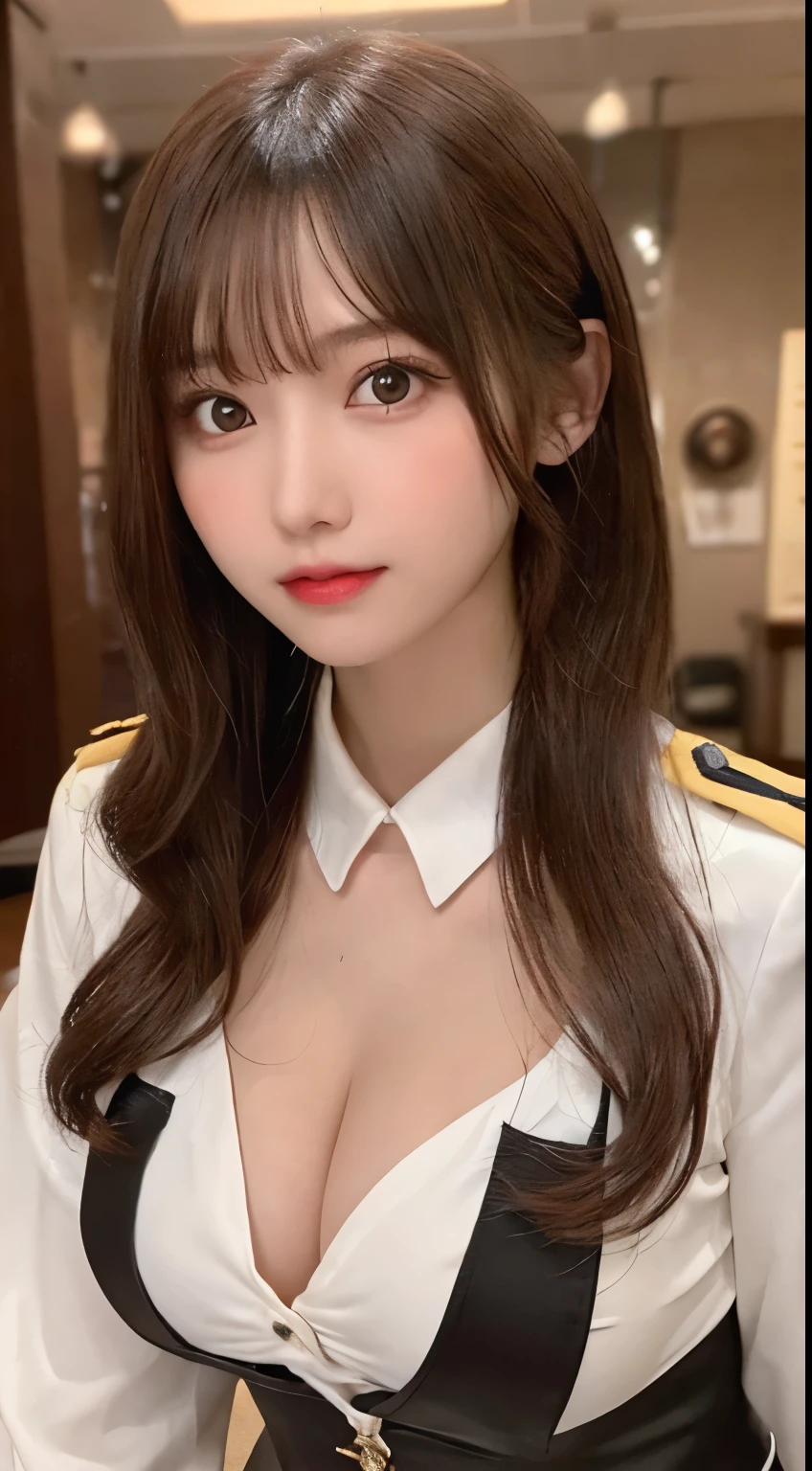 Tabletop, highest quality, One Girl, (beautiful girl:1.3), (18-year-old:1.3), Very good eye clarity, (Symmetrical eyes:1.3), (Police Costume:1.2), Beautiful breasts,Big Breasts,Big Breasts,Visible cracks, Brown eyes, Parted bangs, Brown Hair,Police uniform revealing cleavage,erotic,The finer details