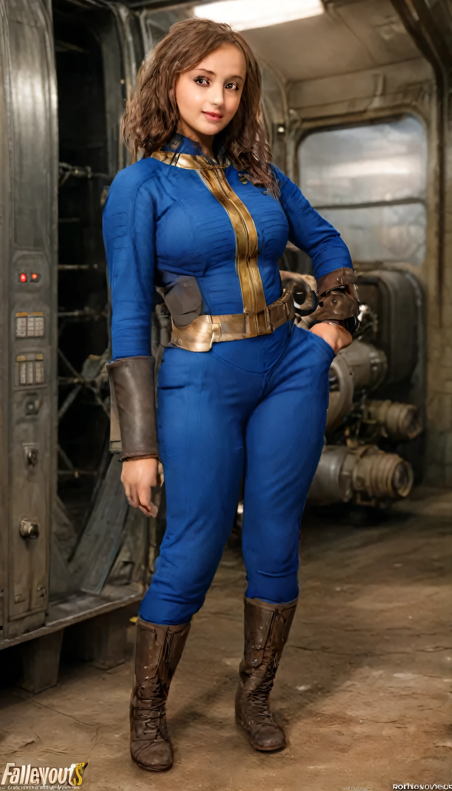 Ella purnell Fallout costume, wide hips, pants, beautiful legs, hottie, seducing, barefoot, feet, standing, tight costume, big breasts, sexy body, 