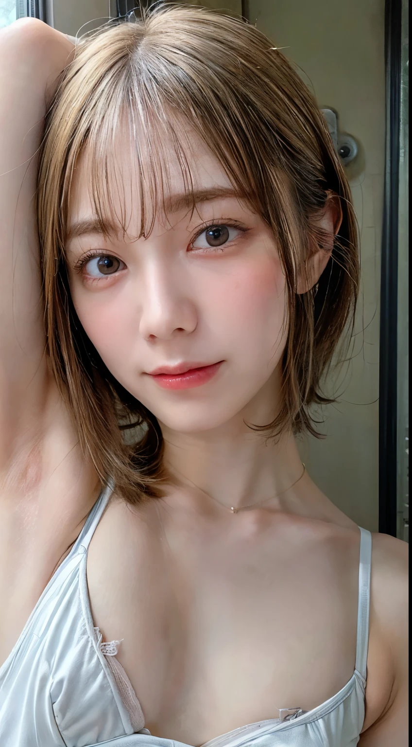 (Ultra HD、Ultra-high resolution、Photorealistic:1.3、8k、Japanese Model、In front of the wall)、Focus on the armpits、Look Viewer、(Extremely realistic skin texture:1.4)、(Realistic:1.3)、short hair、((Embarrassed expression:1.5))、(Blonde:1.3)、40-year-old woman、Mature Woman、ponytail、(Lift your arms and show your armpits:1.4)、((Face close-up:1.52))、(Armpit sweat)、Leaning against the wall、((Shooting from the side:1.05))、necklace、bra、(((Small breasts:1.5)))、Visible nipples、Show off your nipples