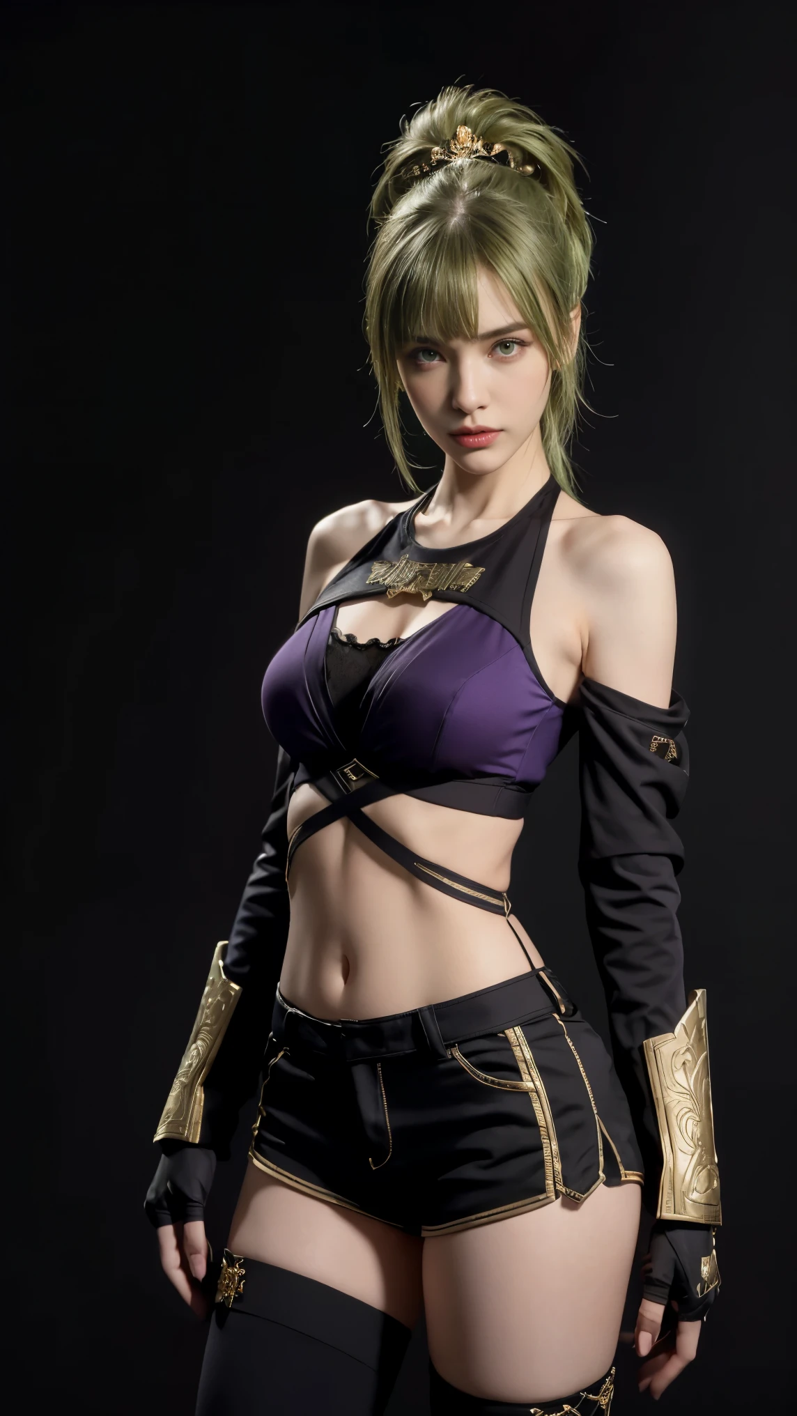 8K, Top Quality, Intricate Details, Ultra Detail, Ultra High Resolution, Masterpiece, close up shot, Slender,, ((Full body )), (Makeup: 0.4), (), , looking at viewer, ((full body)), 1girl, solo, 1 girl, ((armor, bare shoulders, black gloves, cropped jacket, , , gloves, gold trim, hair ornament, jacket, leg armor, midriff, off shoulder, partially fingerless gloves, purple jacket, sport bra, hot pants, shoulder armor, sleeveless, sleeveless shirt, )), , , ((tall)), (((fit body))), (((slim face))), sharp face , smile,   (( green hair, bangs, long hair, high ponytail )) , (detailed face), sharp face, small lips, standing, feminine pose,   , show belly ,,  , ((,  )), , ((detail belly )), detail fingers, detail hands, detailed face, detailed breast, huge breast, Narrow Waist, Skinny, 175 cm tall , Muscular, Navel, Exposed Abdomen,  , large breast, ,  , Beautiful girl with accentuated slender abs: 1.4, Six Pack Abs: 1.4, Bust Botox,, Perfect Body, (( dark background)), black background, 