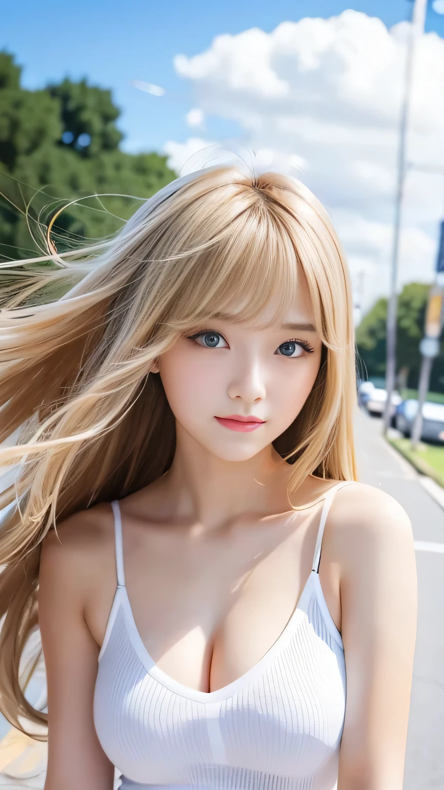 Sexy big 、Sexy cute looks and cute beautiful girl, Beautiful and sexy face、A strong wind blows my hair in front of my face、With straight blonde hair、Beautiful, cute and sexy eyes hidden behind long bangs