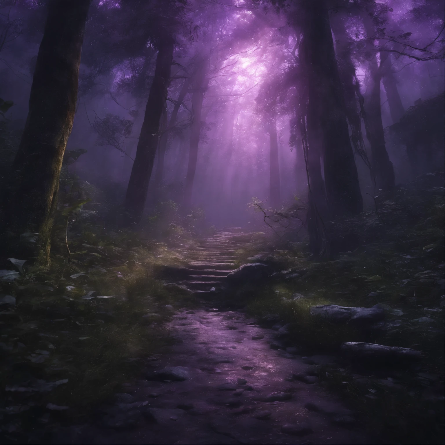 The forest is quiet, spooky forest, save for the breeze and the sound of the Guqin, masterpiece, best quality, mysterious scene background, purple light, rays of light in the distance