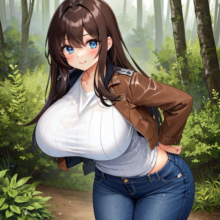 A Beautiful Cute Girl, with (Lush, Long Dark-Brown Hair), (Big Beautiful Blue Eyes), (Extremely Enormous Breasts), (Incredibly Wide Hips), Large thighs, and is very Athletic. wearing a (Brown-Leather-Jacket), Light-Blue Shirt, ((Roughed Dark-Blue Jeans)), and (Black Boots). Standing in a Forest, in the mountains, with a Pretty Smile. (Solo), ((Best Quality)), ((Best Detail)), ((Highly Detailed Eyes)), (Perfect Anatomy), (Mildly Weathered Clothing),