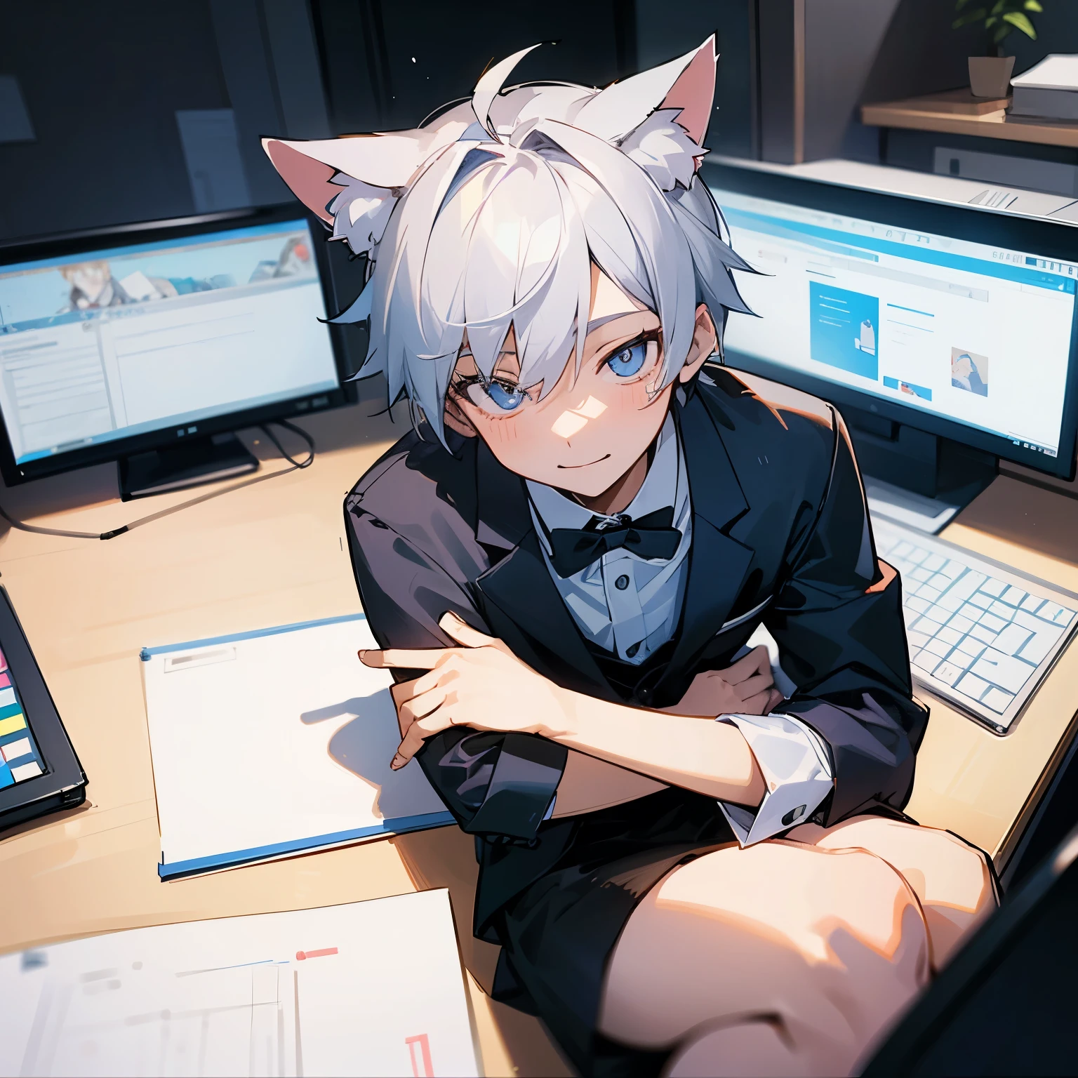 1boy, white school uniform, sitting on desk, ((licking long white popsicle)), blush, blonde hair, blonde cat ears, square glasses, light cyan eyes ((detailed)), ((notebooks)), ((pencils))