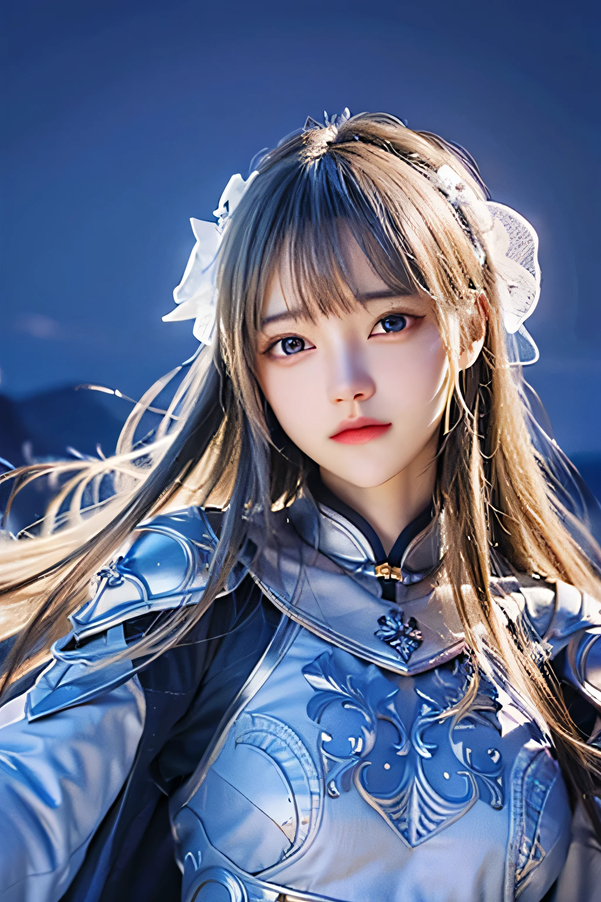 1girl, Realistic, Saint Armor, Blonde Hair, Night Sky, Ultra Detail, 70mm Lens, Bacground Garden Realistic,