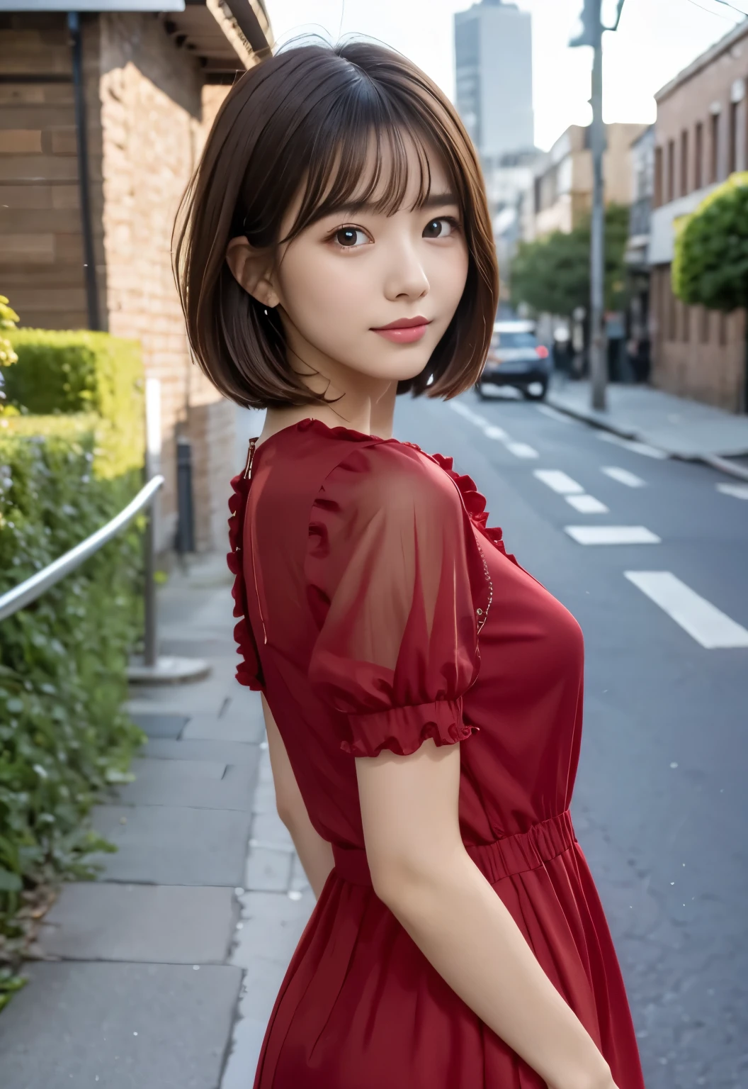 masterpiece, best quality:1.1), (8k, raw photo, photo realistic:1.2, f22), (shiny skin), detailed skin,Medium Bob,detailed face, detailed eyes,BREAK, real world, intricate details, smil, BREAK, 1girl, full body,(red,short sleeves,dress)BREAK, (carnation:1.4)