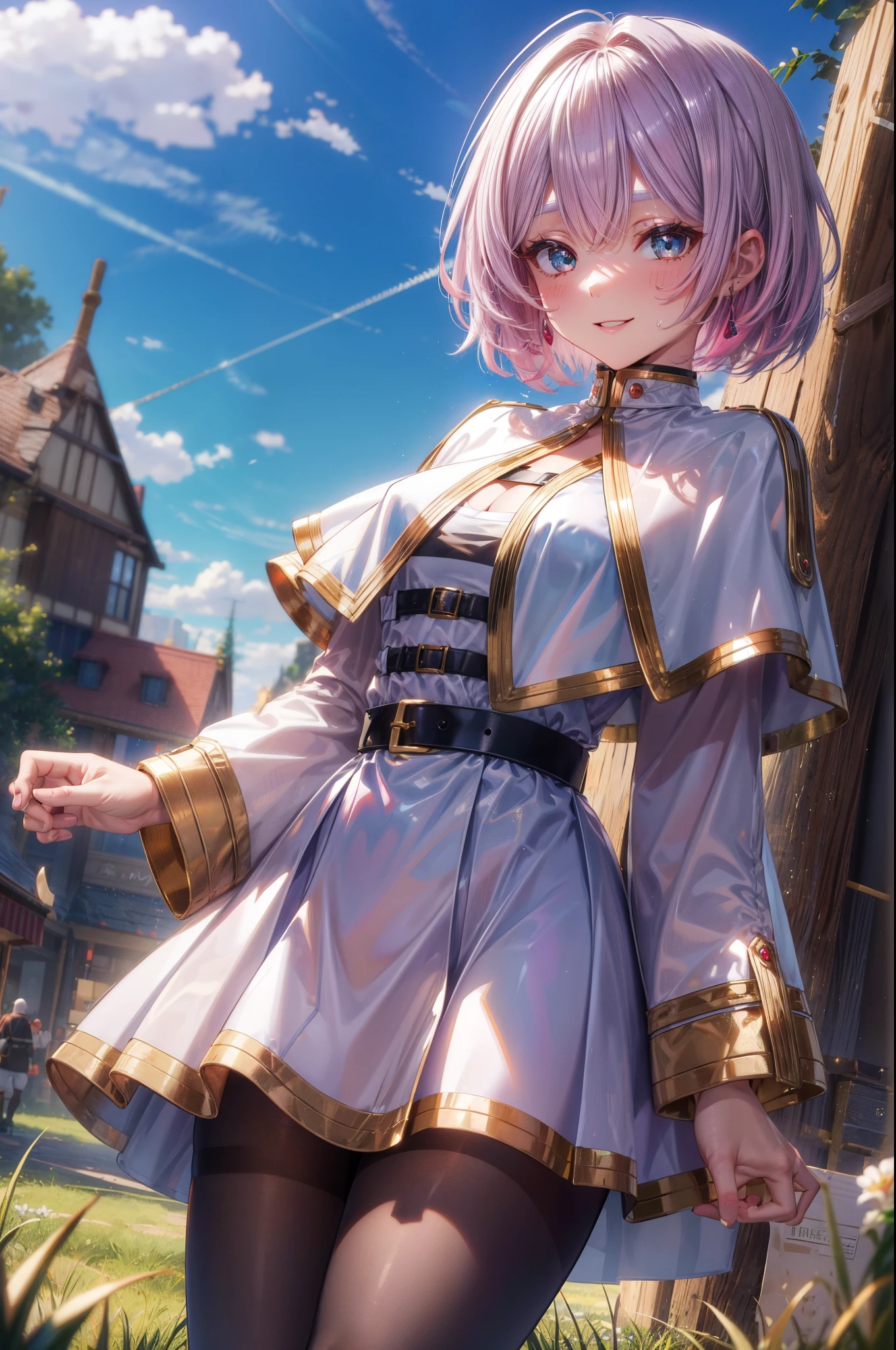  Long sleeve, Capelet, white Capelet, dress, white dress, belt, Pantyhose sweating, white Skirt, 4 defined fingers, 1 defined thumb, looking at viewer, solo, 1 woman, 25 years old, AI generated, highest quality, masterpiece, skindentation, perfect face, 8k , short hair, break, ((pink hair1.5)), break, bob cut, black eye, smile, thin thighs, medium breasts, perfect limbs, sexy, ((bright)), ((chrome costume)), ((metallic costume)), ((Medieval Grasslands)),