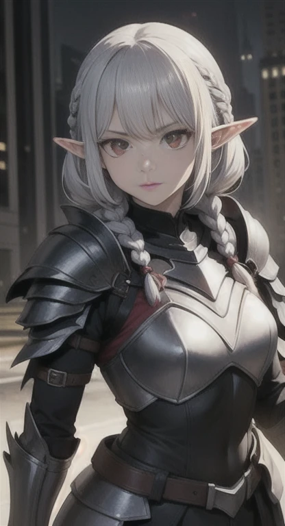 masterpiece, best quality, solo, dark knight, braids, red eyes, silver hair, elf princess, armor,