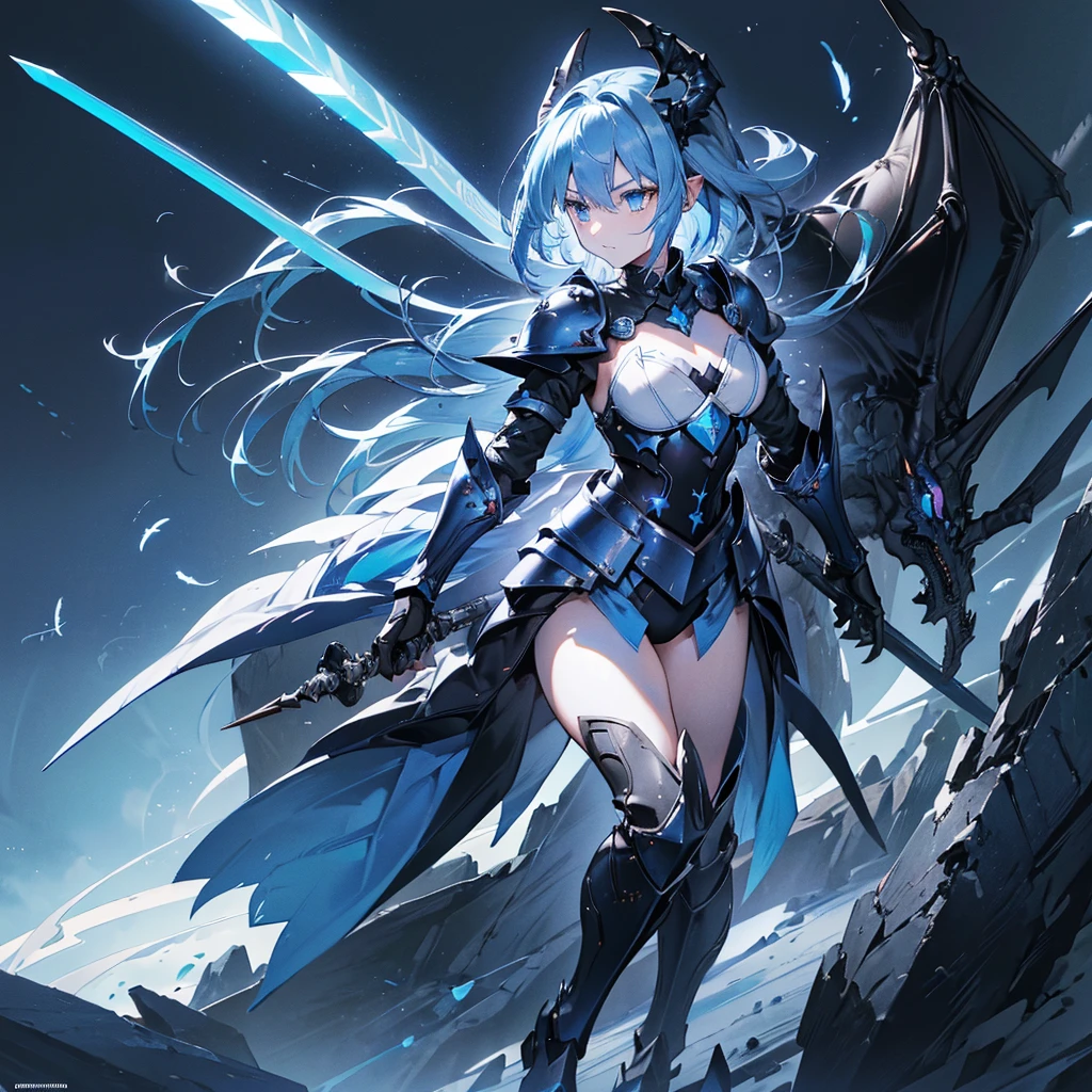 ((high resolution　Blue Hair　long髪　Black Armor　Dragon Knight　thunder　Lonely　despair))　((night　Western style　chest　Shining Aura　gloves))　(Big feather　Dance　Blade of Light　Holding a spear　long　Slashing)　night　thunder　star　Slashing　Catch the wind　