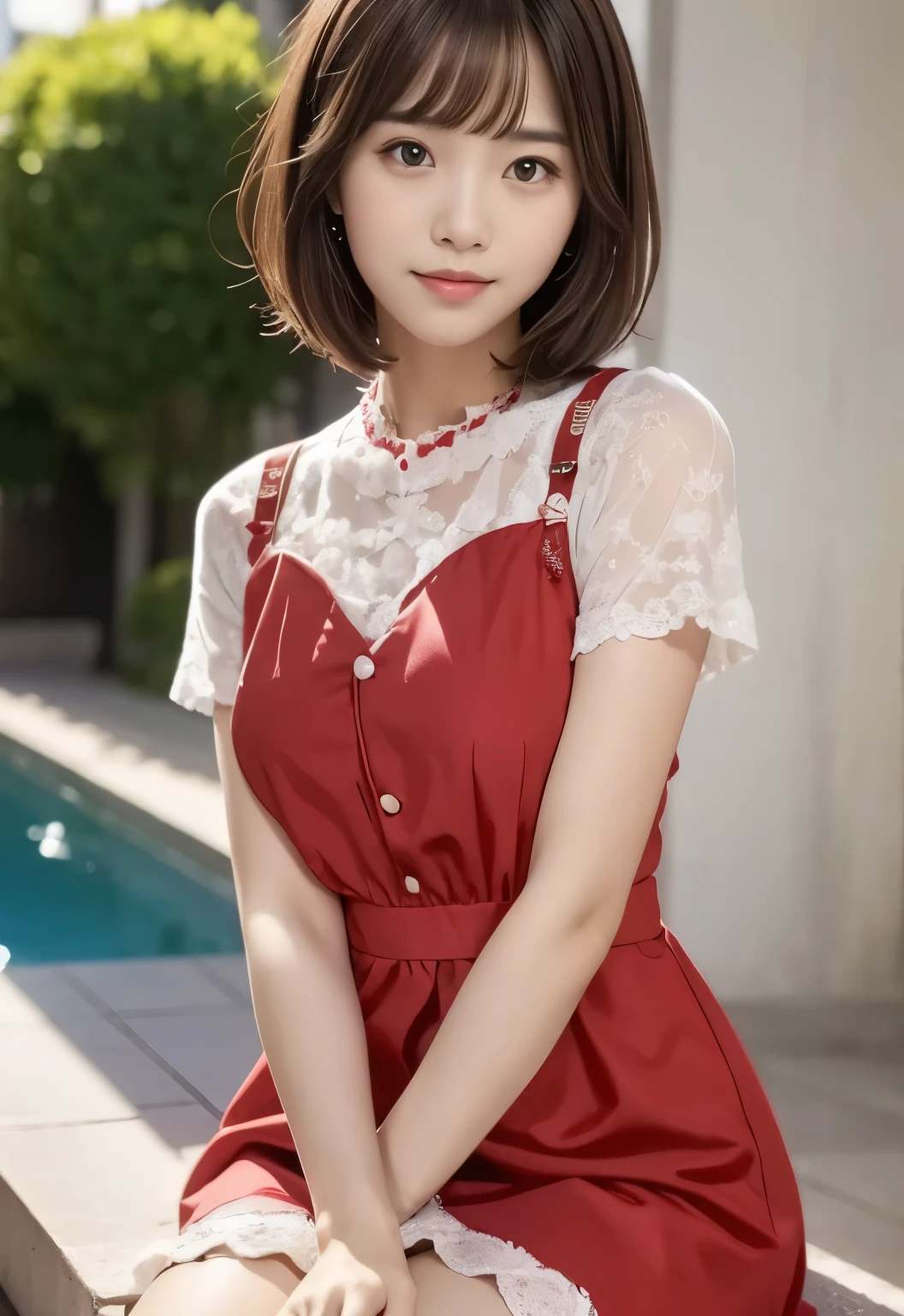 masterpiece, best quality:1.1), (8k, raw photo, photo realistic:1.2, f22), (shiny skin), detailed skin,Medium Bob,detailed face, detailed eyes,BREAK, real world, intricate details, smil, BREAK, 1girl, full body,(red,short sleeves,dress)BREAK, (carnation:1.4)