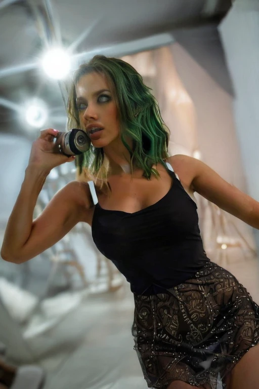 mejor calidad, Obra maestra, ultra high resolution, (fotorrealista:1.4), foto cruda, profundidad de campo, professional lighting, perfect anatomy, extremadamente detalles, 1 chica, japanese idol, having fun in the hallway, ((completamente borracho, desperdiciado):1.3), vistiendo un traje de noche formal, cadera levantada, (cara extremadamente linda, ((ojos extremadamente hermosos y extremadamente grandes)), extremadamente hermosa de pelo corto, pieles extremadamente hermosas), textura de piel realista, extremely beautiful long eyelashes, labios extremadamente hermosos, mirando al espectador, vestido-de-noche-formal-detallado,, dimly lit, por Aleksander Kobzdej, green hair, flattop, multiple views, blurry foreground, fisheye, dutch angle, vanishing point, from below, atmospheric perspective, panorama, perspective, overexposure, foreshortening, 360 view, Wide-Angle, f/1.8, 35mm, Nikon((best quality)), ((masterpiece)), (detailed), perfect face