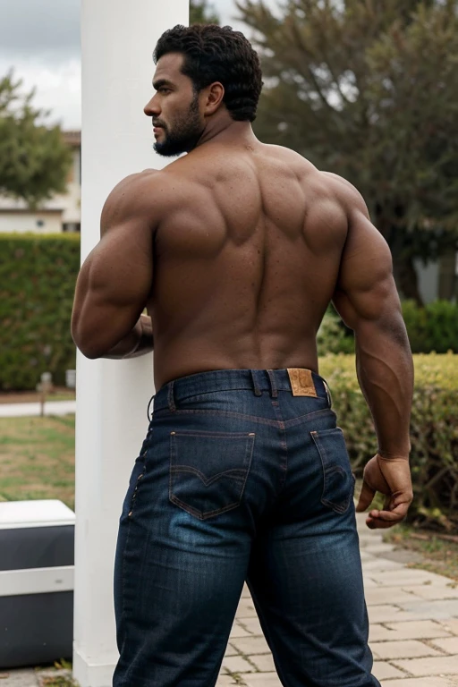 Un hombre negro con la cara se parece a Henry Cavill. Black man, Su cuerpo es musculoso y pectoral definido. paquete de seis. ingle. Cochas, pelo contra el viento. barba dentada.  Big butt, in a moment of reflection. Full body. Fajado, brown Jeans backside.  bent over 