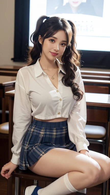 highest quality,woman,Twin tails,Curly Hair,Soft wavy hairstyle,bright、Has a lively expression,健康的でbright肌の色,Thick lips,From below,whole body,Looking at the camera,Cinema Lighting,classroom,Big Breasts,Cinema Lighting,Navy Blue Blazer,White blouse,Blue tartan mini skirt,Knee-high socks,sneakers
