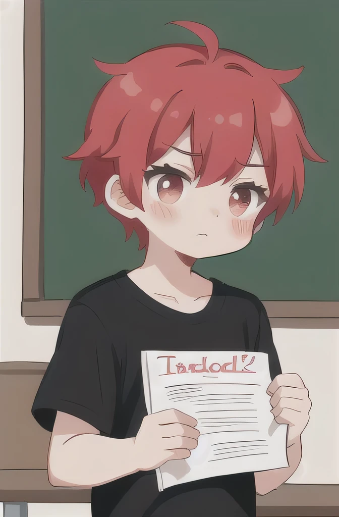 A 19 year old boy (red hair) wearing a magical school shirt (no hat) who is blushing.