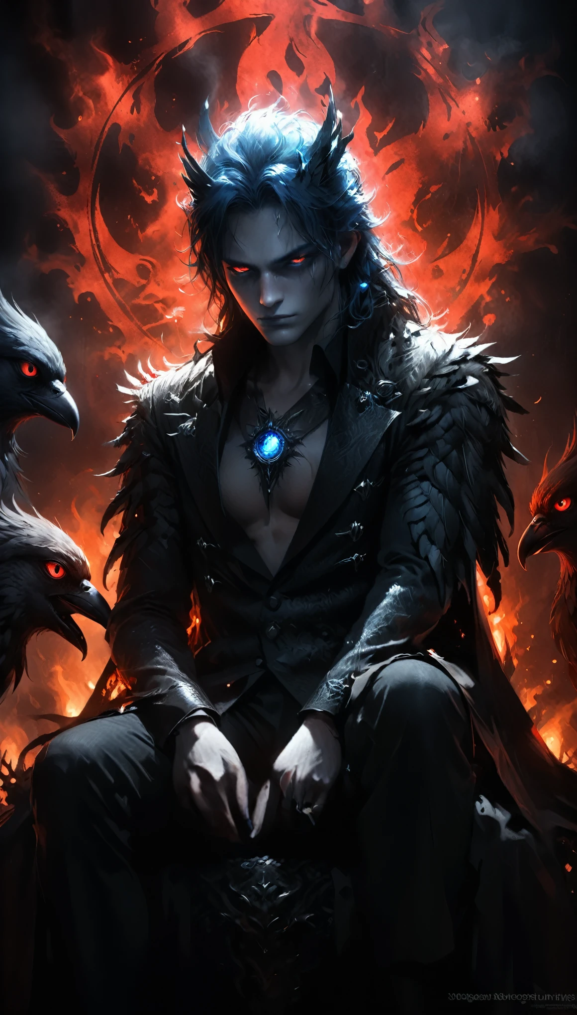 Details: glowing steelblue eyes,Textured Skin, Gorgeous Clothing,in style of Harry Clark,Chernobog,between_fingers,(crossed_legs:1.3),(the dim sun:1.4),hand_gesture,full_shot,breathing fog,wind,sit on the throne,1 bird pet,(dark, shadow, intense shadow, black:1.3),red glowing eyes,