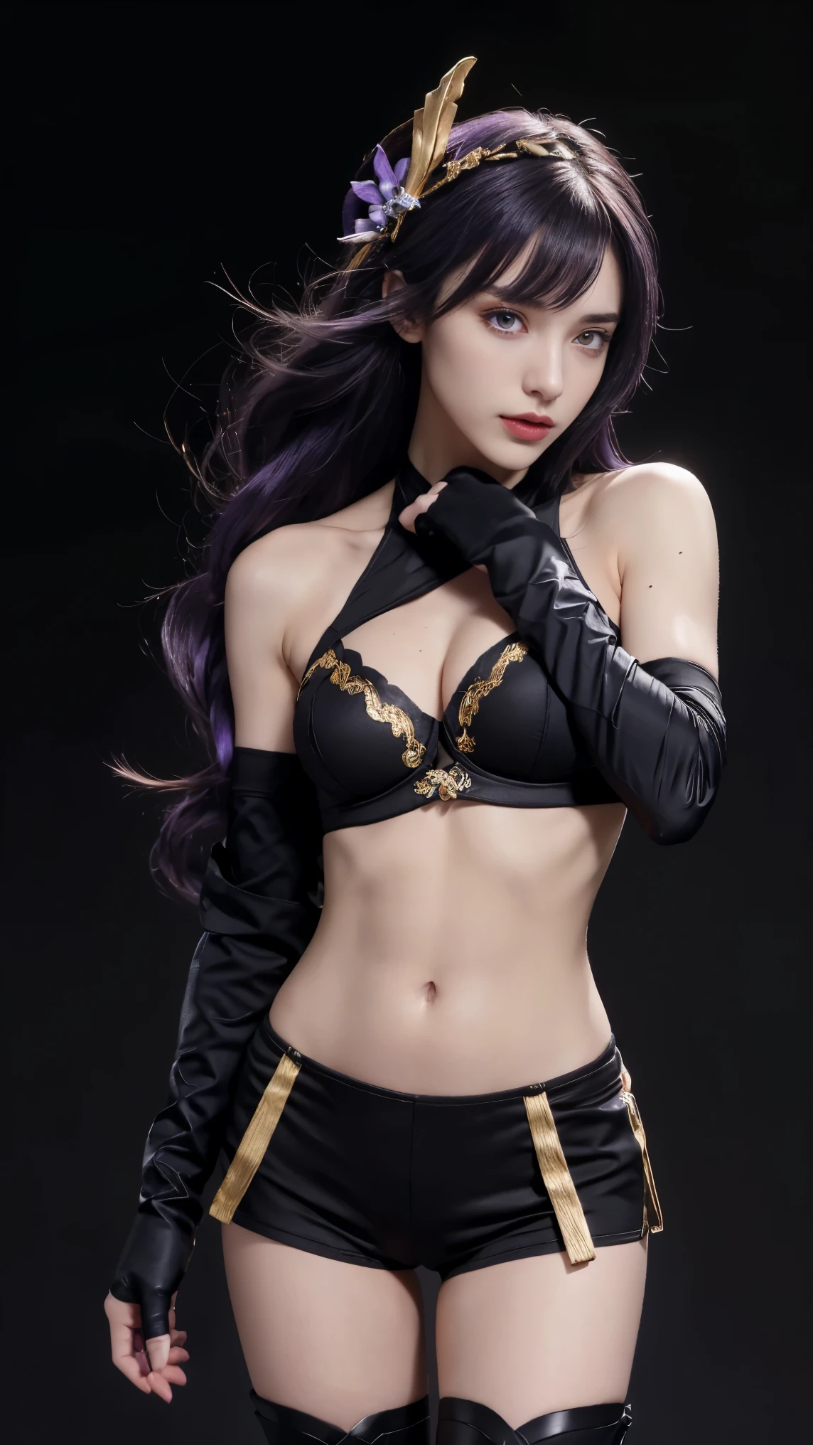 8K, Top Quality, Intricate Details, Ultra Detail, Ultra High Resolution, Masterpiece, close up shot, Slender,, ((Full body )), (Makeup: 0.4), (), , looking at viewer, ((full body)), 1girl, solo, 1 girl, ((armor, bare shoulders, black gloves, cropped jacket, , , gloves, gold trim, hair ornament, jacket, leg armor, midriff, off shoulder, partially fingerless gloves, purple jacket, sport bra, hot pants, shoulder armor, sleeveless, sleeveless shirt, )), , , ((tall)), (((fit body))), (((slim face))), sharp face , smile, (( very long hair, bangs, braided ponytail, purple eyes,purple hair, mole under eye, hair ornament, purple flower, sidelocks, )) , (detailed face), sharp face, small lips, standing, feminine pose, , show belly ,, , ((, )), , ((detail belly )), detail fingers, detail hands, detailed face, detailed breast, huge breast, Narrow Waist, Skinny, 175 cm tall , Muscular, Navel, Exposed Abdomen, , large breast, , , Beautiful girl with accentuated slender abs: 1.4, Six Pack Abs: 1.4, Bust Botox,, Perfect Body, (( dark background)), black background,