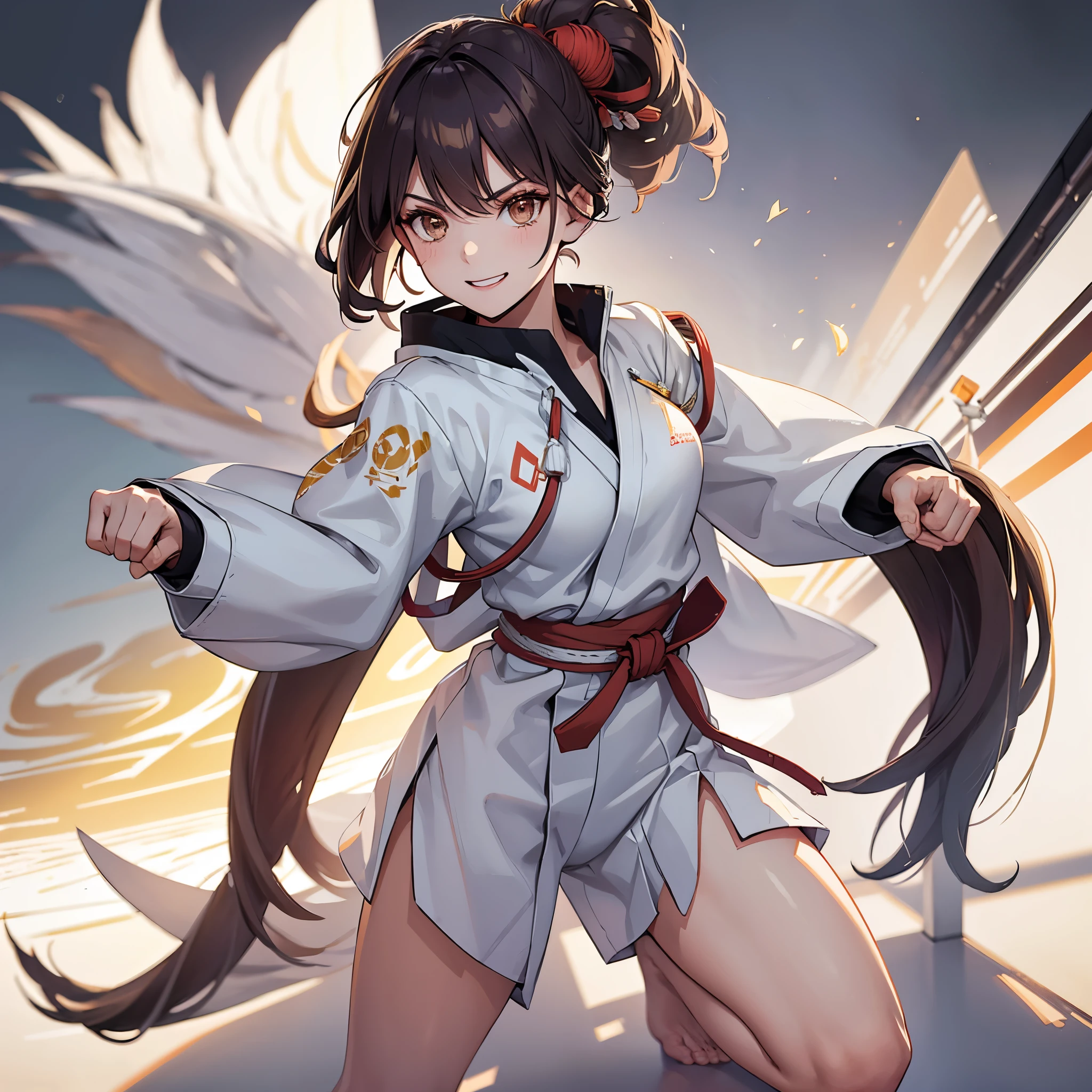 A woman wearing a white karate uniform, black belt around her waist, long brown hair, ponytail hair, with a white band in her hair, brown eyes, with a fighting stance, in a dojo, standing, smiling face, full body, shadow projected, atmospheric perspective, flourish, 8k, super detail, accurate, best quality, UHD, anatomically correct, textured skin, high quality, high resolution, best quality (solo female)
