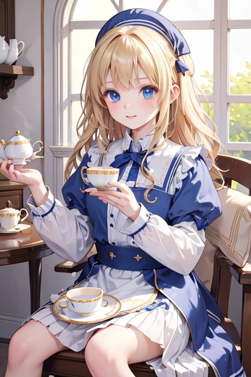 (8k, highest quality, Tabletop:1.2)、Ultra-high resolution、One , Perfect Fingers, Detailed face, blue eyes, Blonde, Curly Hair, Blue Apron Dress, Inside the castle, Tea party, Sit on a chair, Hold a teacup gracefully