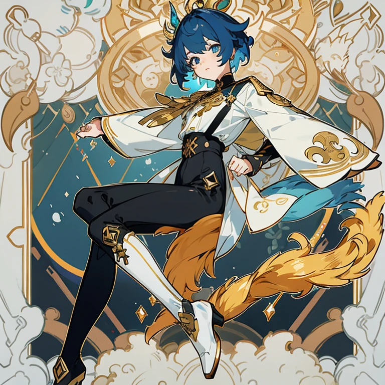 Genshin Impact, vision girl with dark bluish hair decorated with golden accessories, with one sea blue eyes or the other golden amber, Dressing in a white shirt that reveals the chest with tight black pants decorated with a peacock tail with black high-heeled boots