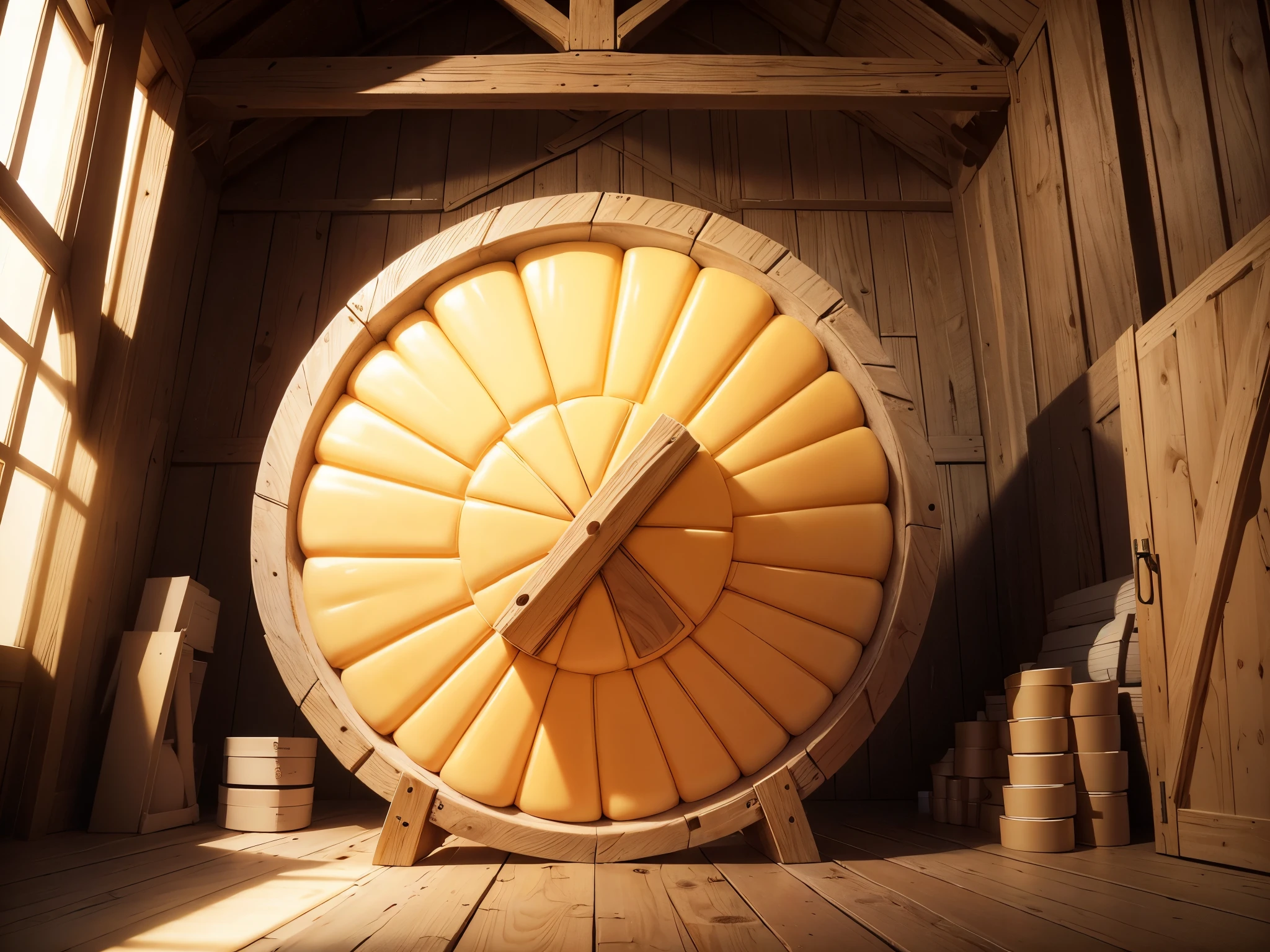 (masterpiece, best quality), best resolution, giant cheese wheel in a barn