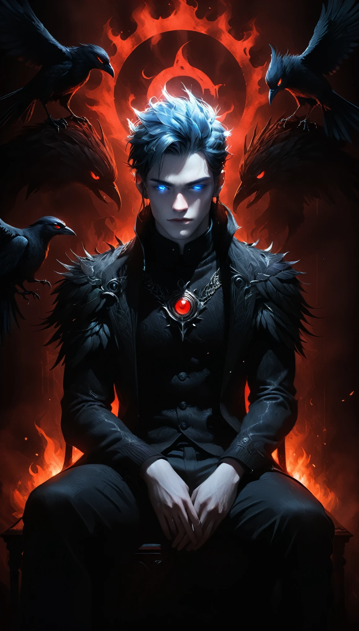 Details: glowing steelblue eyes,Textured Skin, Gorgeous Clothing,in style of Harry Clark,Chernobog,between_fingers,(crossed_legs:1.3),(the dim sun:1.4),hand_gesture,full_shot,breathing fog,wind,sit on the throne,1 bird pet,(dark, shadow, intense shadow, black:1.3),red glowing eyes,