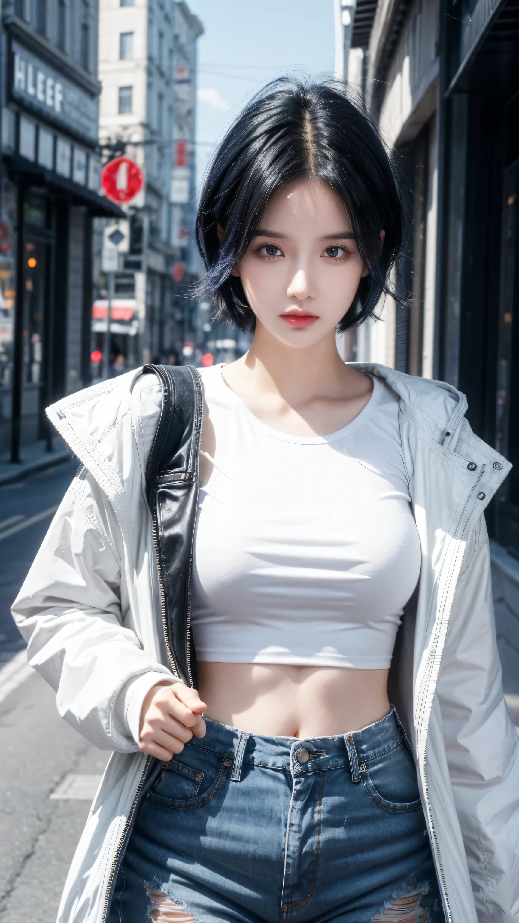 best quality, 1 Girl, dark blue hair, black eyes, Very short hair, Spiky hair, t-shirt, white jacket , High waist jeans, 171 cm, Messy hair, Hair between the eyes, Medium breasts, full, Tomboy, aldult, 20 years old, 1 Girl