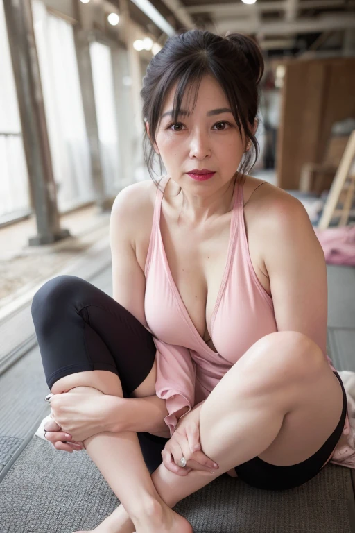 ((Japanese Mature)), ((55 years old:1.4)), ((old woman:1.3)), (((Small breasts))),  Beautiful breasts, Sagging breasts, Soft Breasts, Attractive breasts, Detailed eyes and face, Long eyelashes, Beautiful Lips, (Red lipstick), There are fine wrinkles, Hollow Eyes, Beautiful Skin, Slim body, Beautiful body, Sweaty skin, side, Empty gaze, Sensual World, See-through, Tank top, leggings, Beautiful hair ornaments, Pale pink cheeks, dirty basement, Constraints, High quality photos, Bokeh effect, Delicate depiction, (Full body emphasis), short hair, Low Ponytail, sexy, Sitting on the floor, Spread your legs