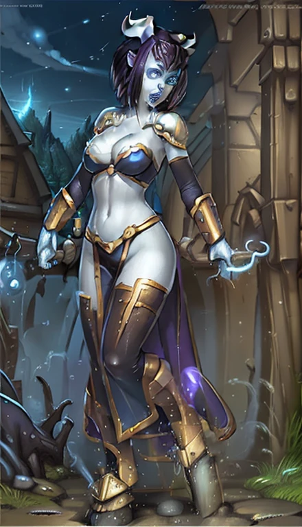 Monara from World of Warcraft, short purple hair, horns, blue glowing eyes, World of Warcraft League of legends splash art, 