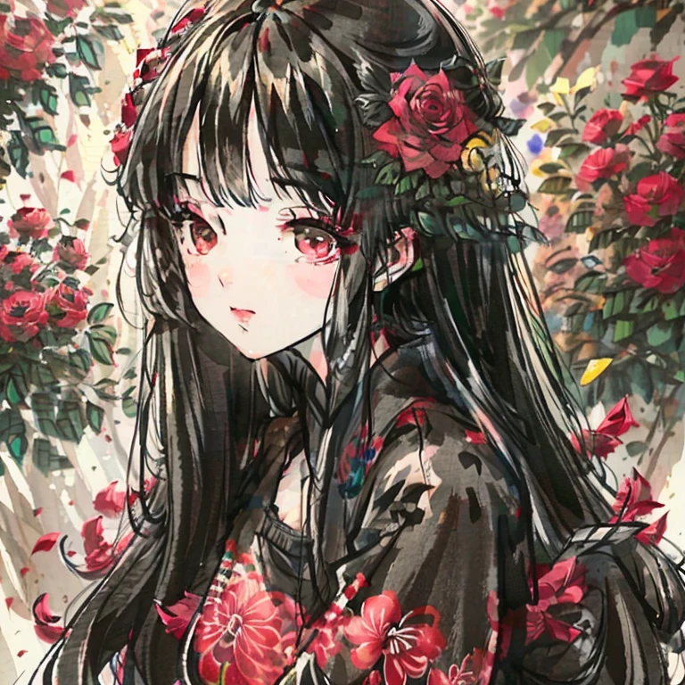 Black-haired girl in a garden of red roses