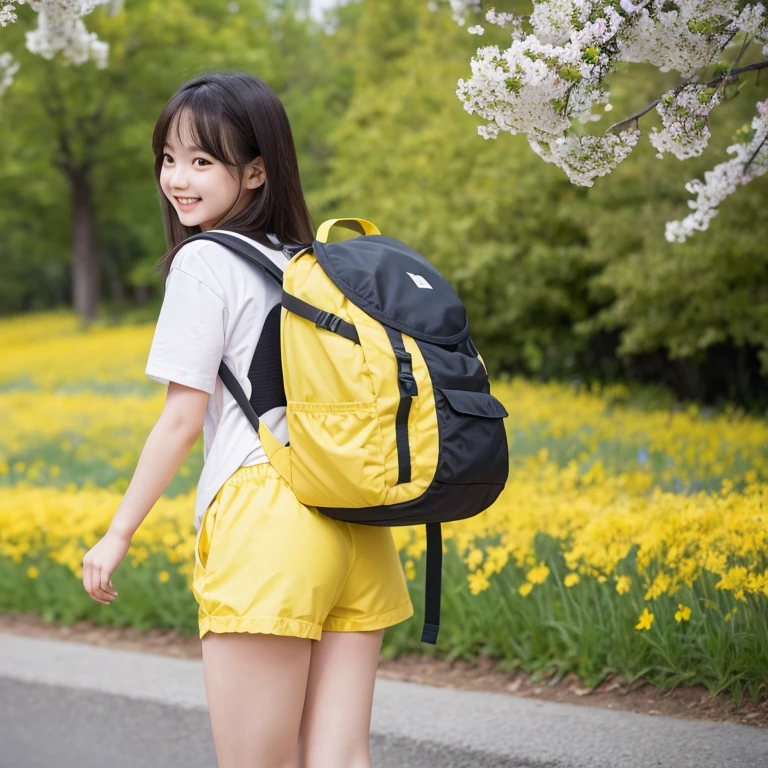 top-quality、Top image quality、​masterpiece、Close-up looking up from below、17 years old girl、mountaineering、Back view wearing light shorts、Backpack and climb the slope、(Colored leaves、A sexy、Face smile、Face Real