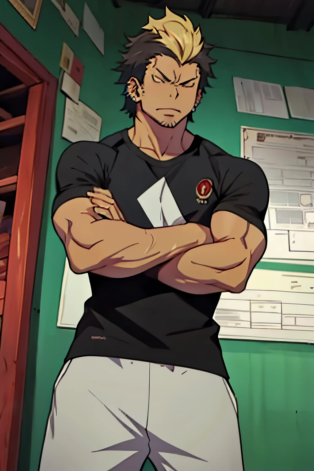 Ryuuji Suguro is flexing his biceps in a black tshirt.